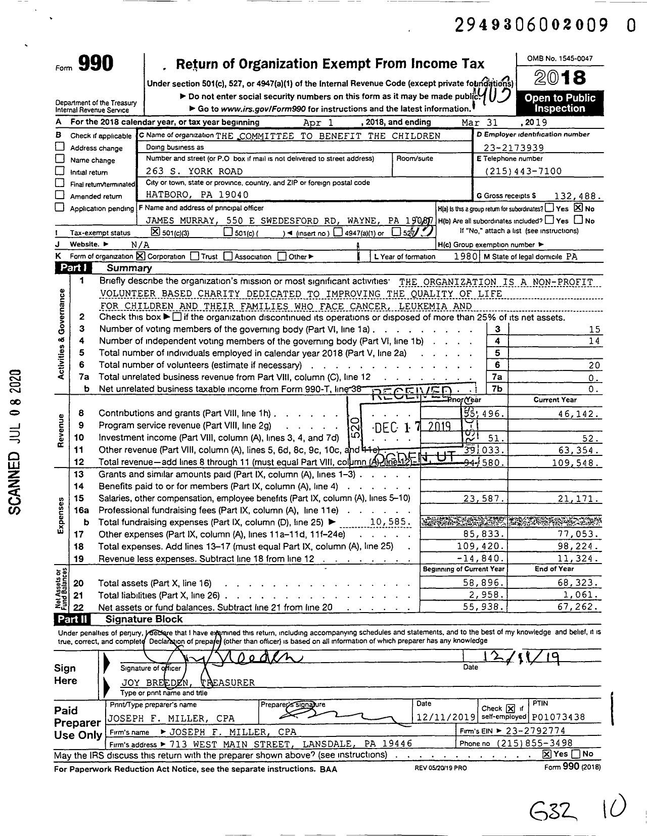 Image of first page of 2018 Form 990 for The Committee To Benefit the Children