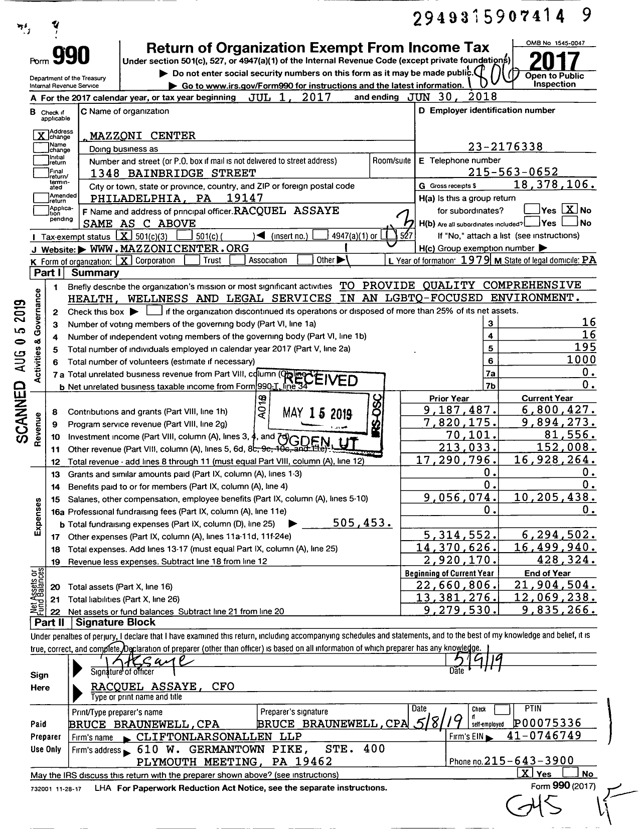 Image of first page of 2017 Form 990 for Mazzoni Center