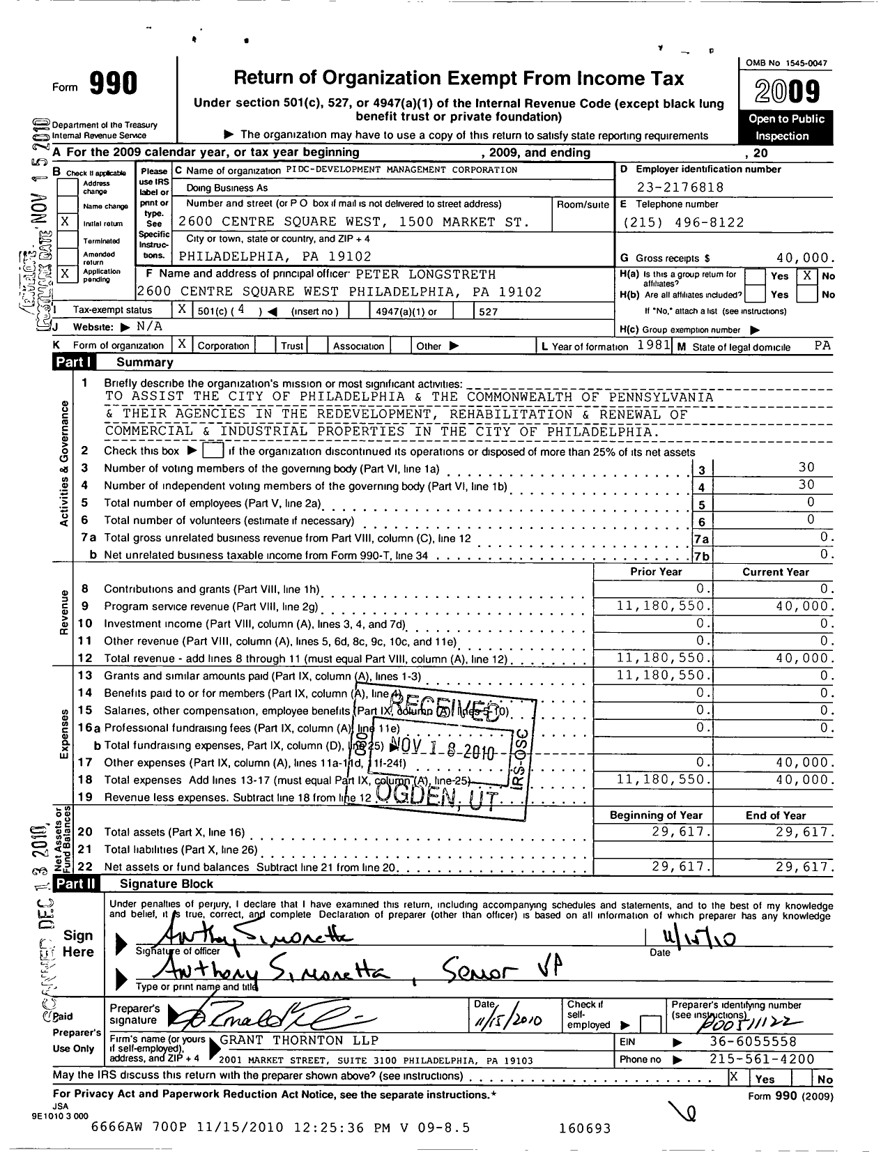 Image of first page of 2009 Form 990O for PIDC-Developement Management Corporation