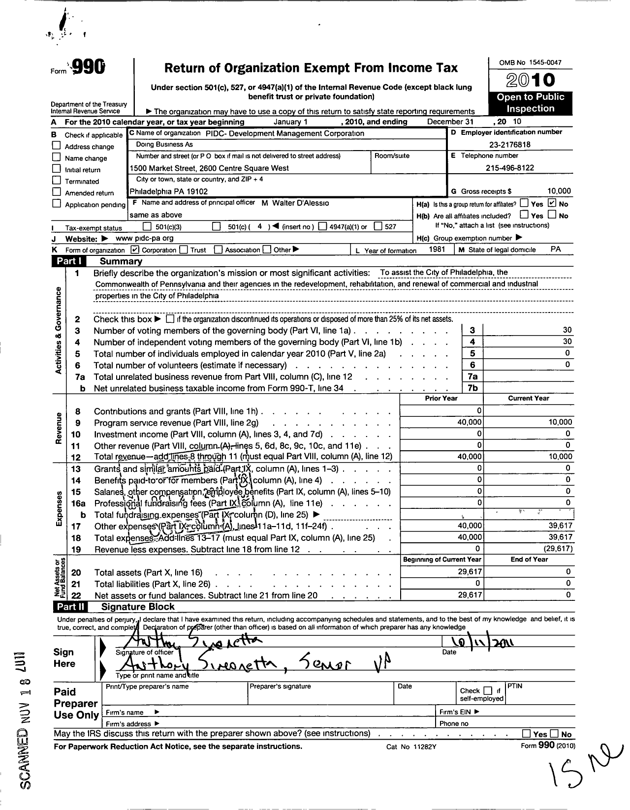 Image of first page of 2010 Form 990O for PIDC-Developement Management Corporation