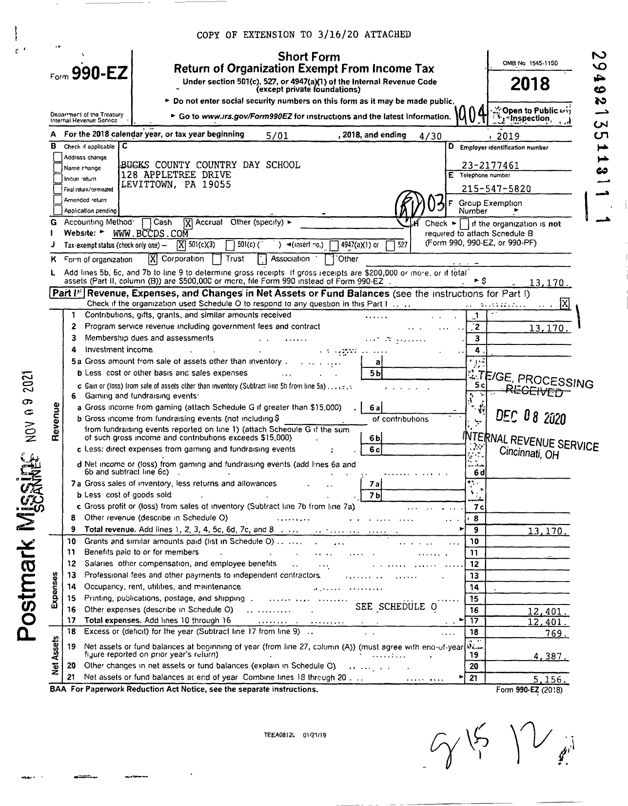 Image of first page of 2018 Form 990EZ for Bucks County Country Day School