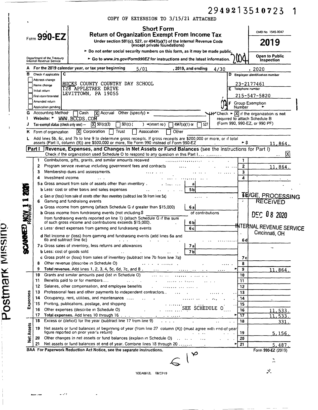 Image of first page of 2019 Form 990EZ for Bucks County Country Day School