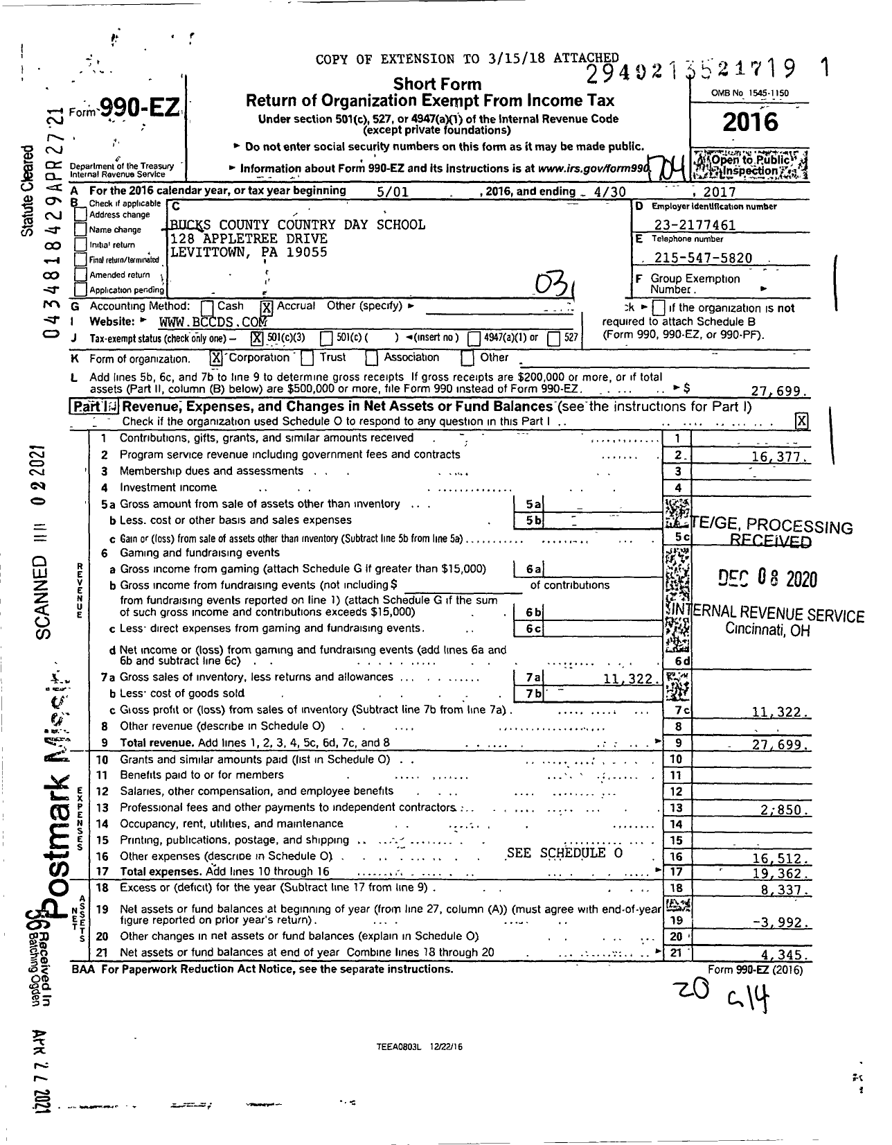 Image of first page of 2016 Form 990EZ for Bucks County Country Day School