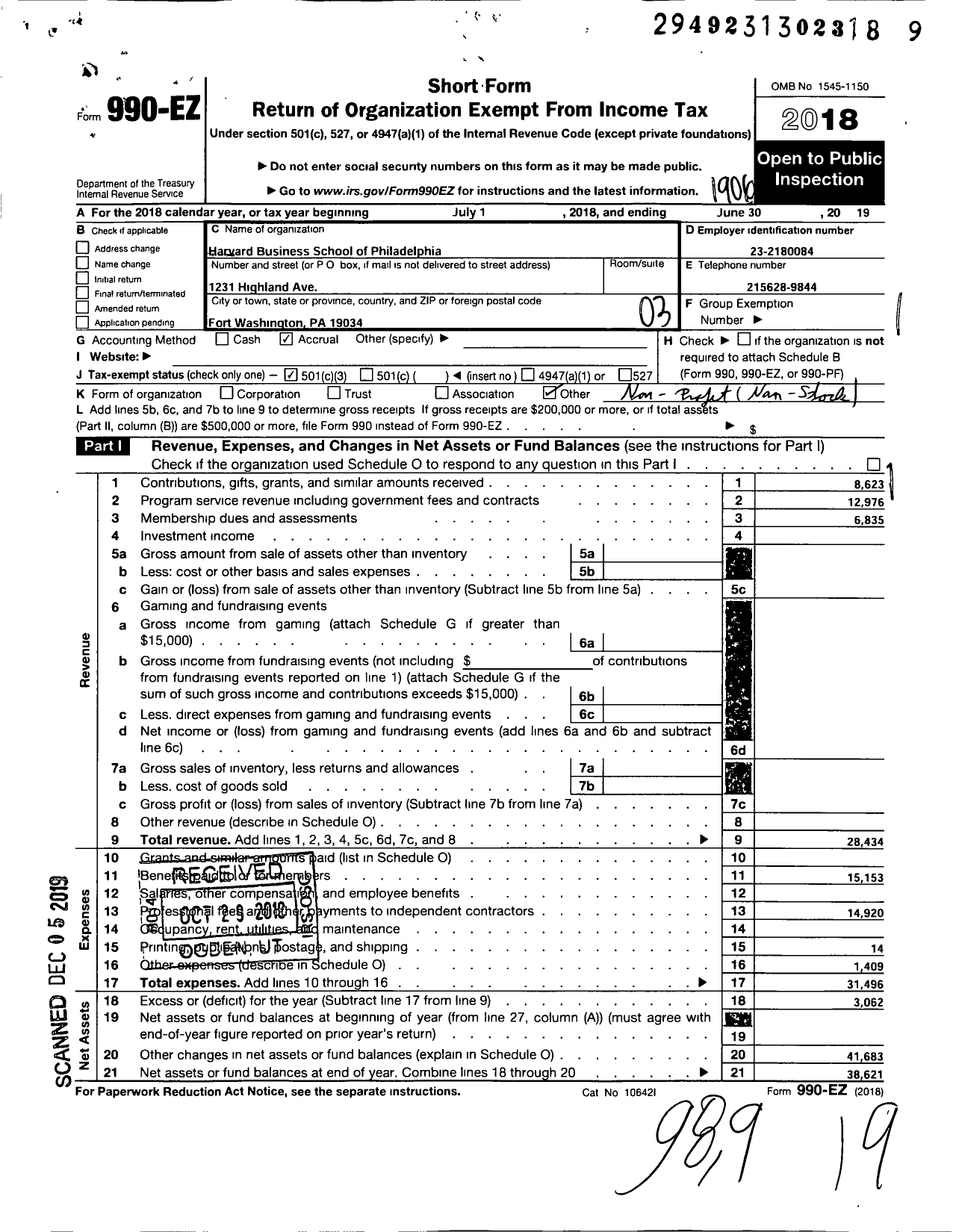 Image of first page of 2018 Form 990EZ for Harvard Buiness School Club of Philadelphia