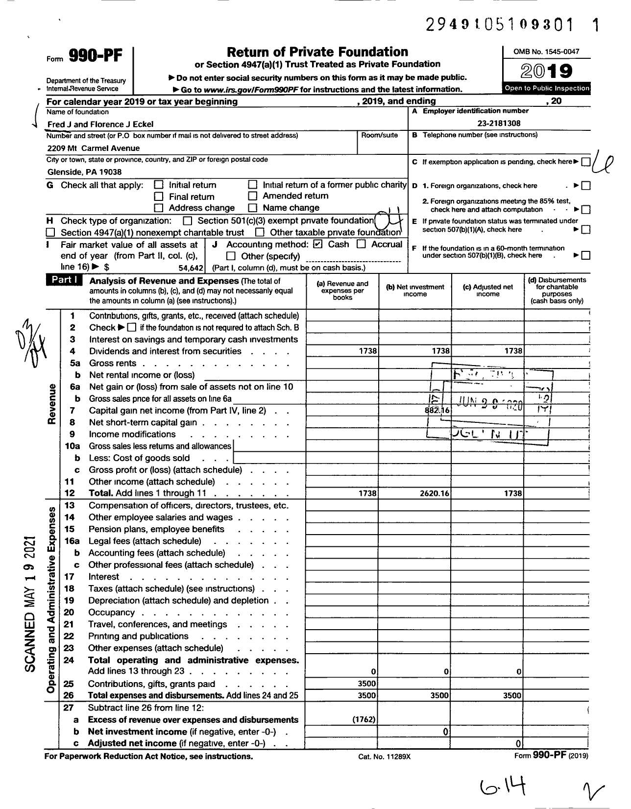 Image of first page of 2019 Form 990PF for The Fred J and Florence J Eckel Memorial Foundation