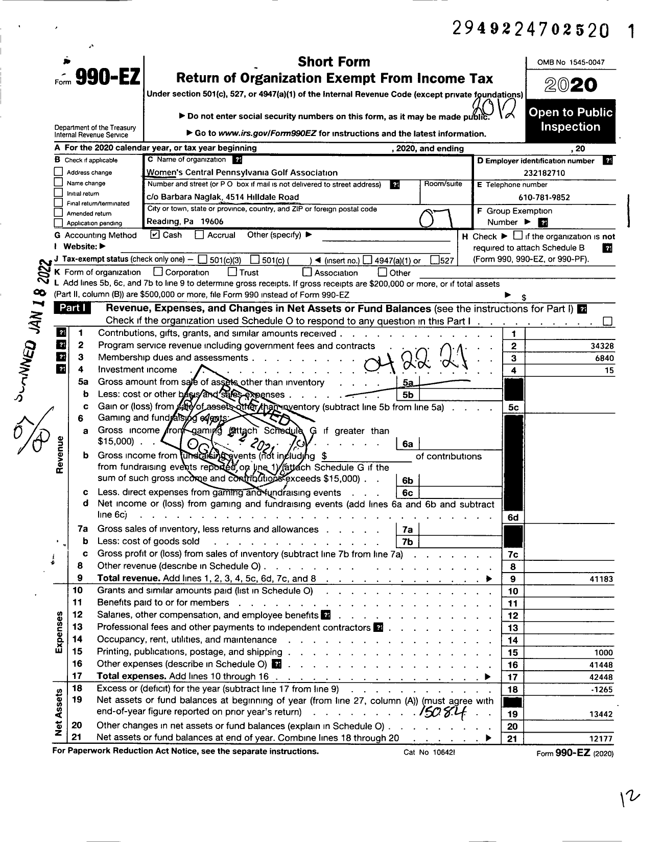 Image of first page of 2020 Form 990EO for Womens Central Pennsylvania Golf Association