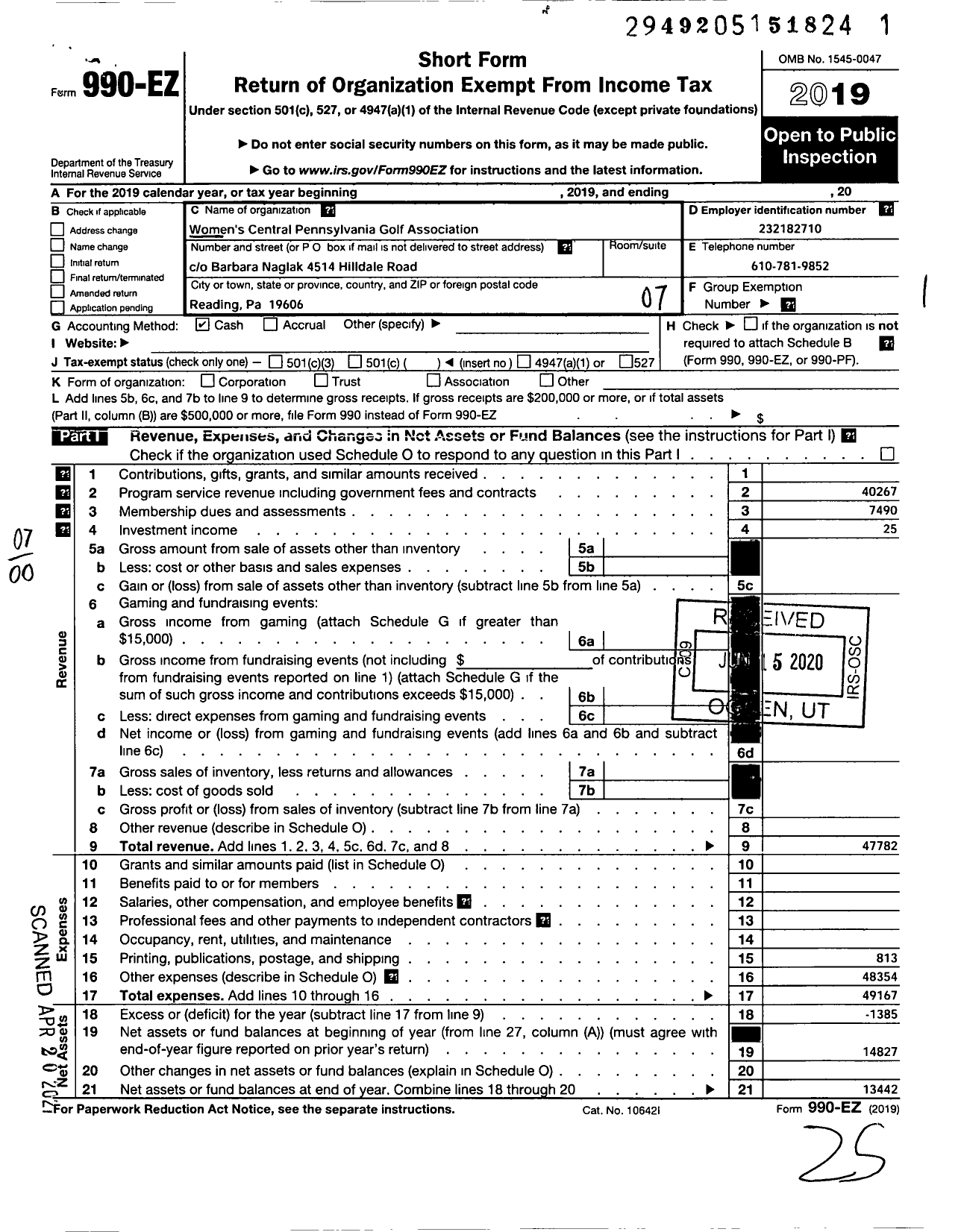 Image of first page of 2019 Form 990EO for Womens Central Pennsylvania Golf Association