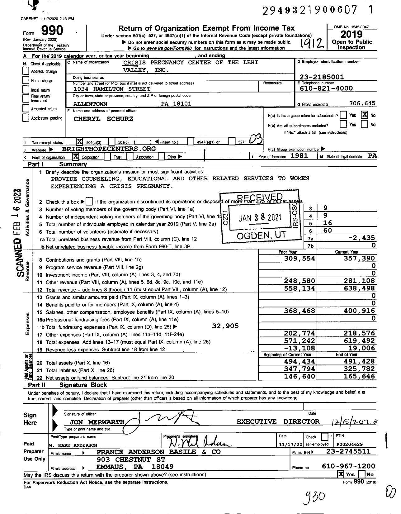 Image of first page of 2019 Form 990 for Crisis Pregnancy Center of the Lehigh Valley