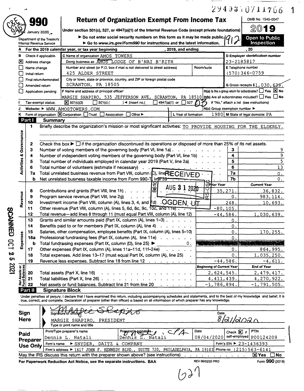 Image of first page of 2019 Form 990 for Amos Lodge of B'nai B'rith