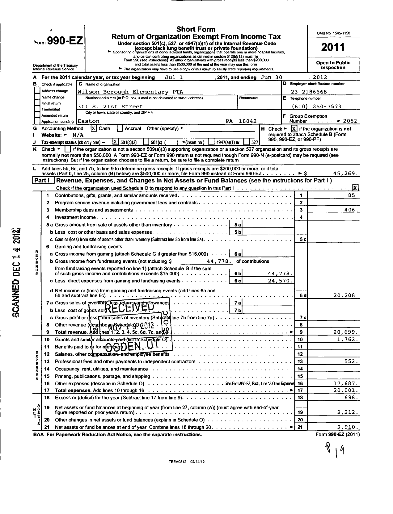 Image of first page of 2011 Form 990EZ for PTA Pennsylvania Congress / Wilson Borough Elementary PTA