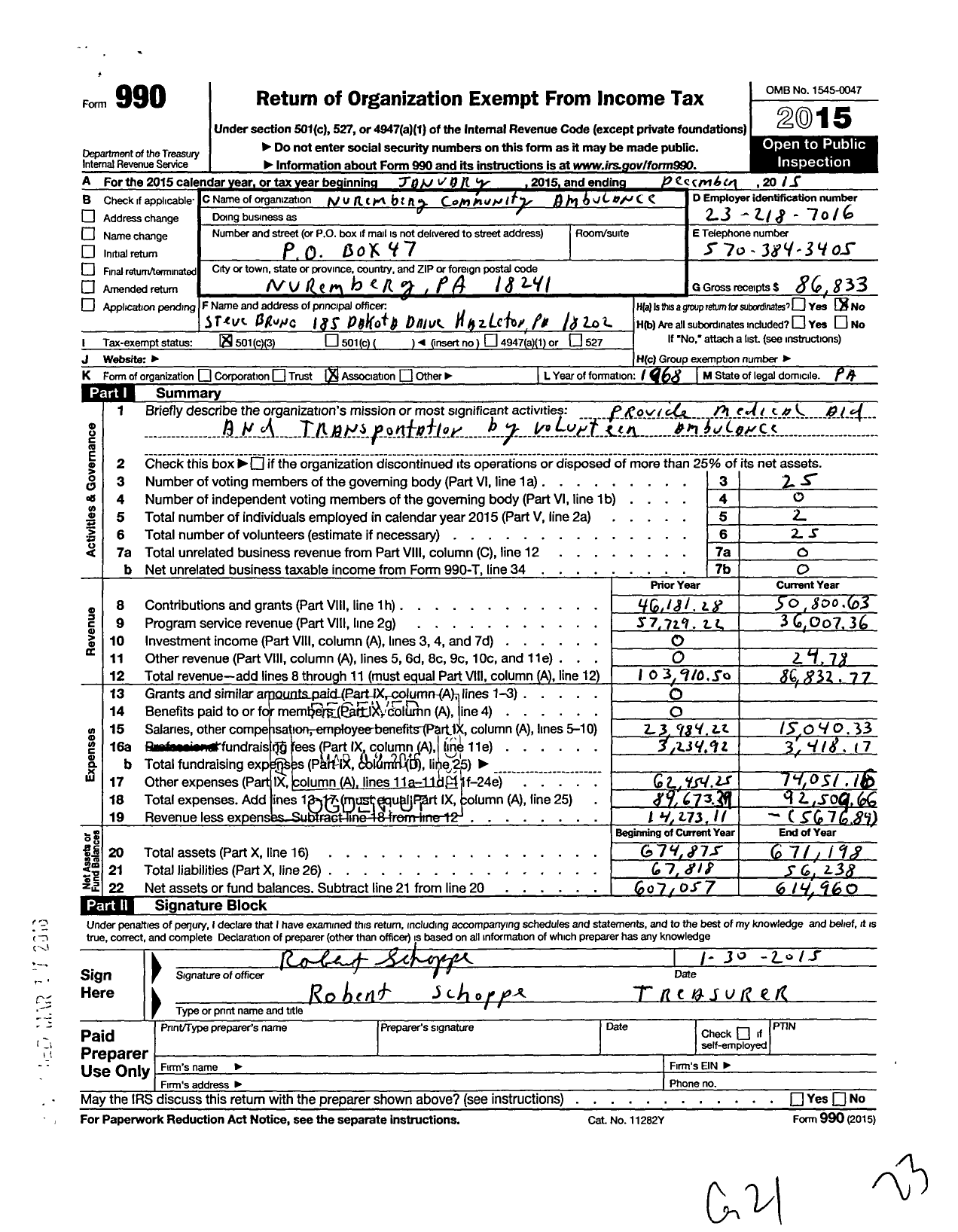 Image of first page of 2015 Form 990 for Nuremberg Community Ambulance