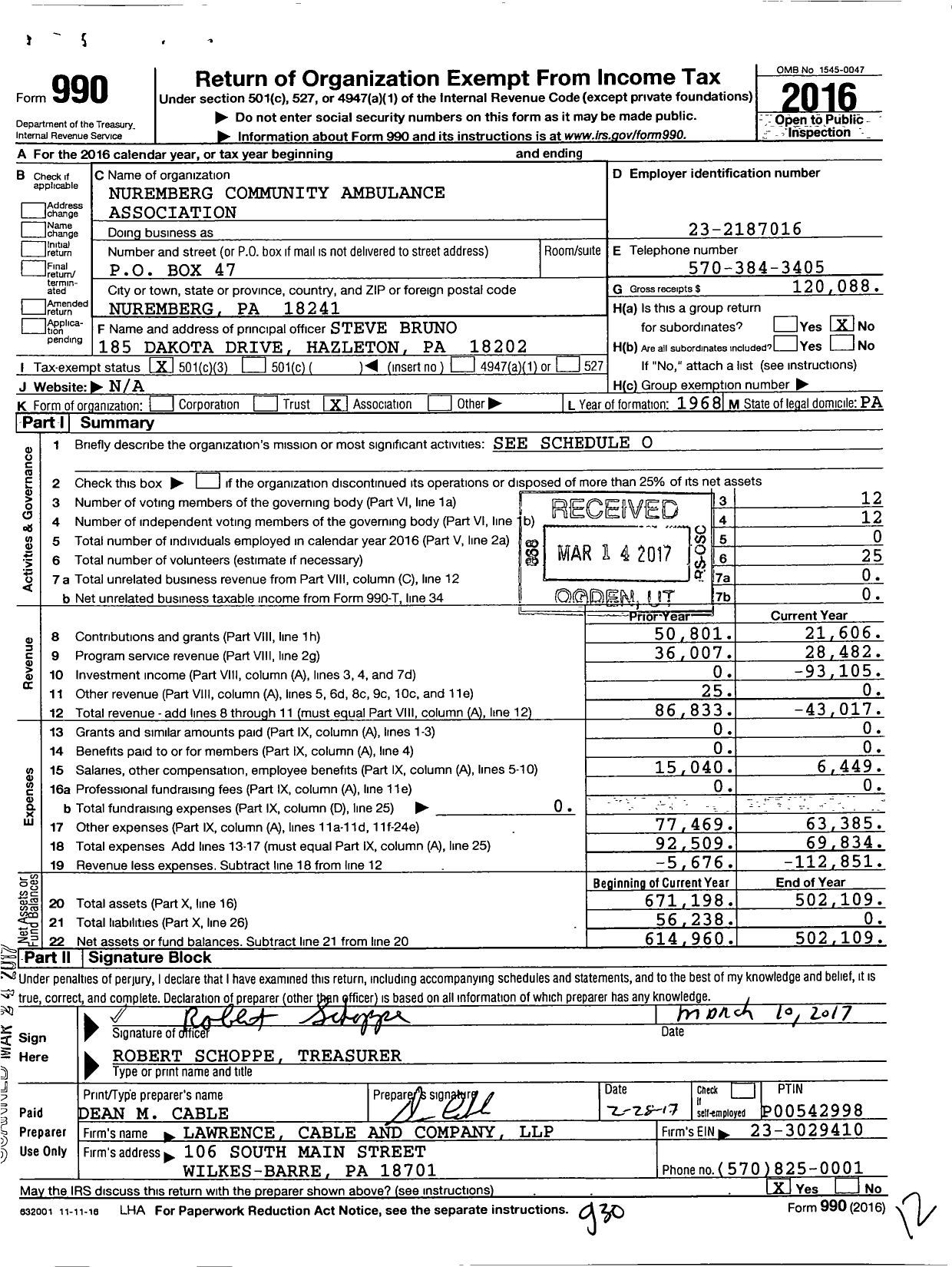 Image of first page of 2016 Form 990 for Nuremberg Community Ambulance