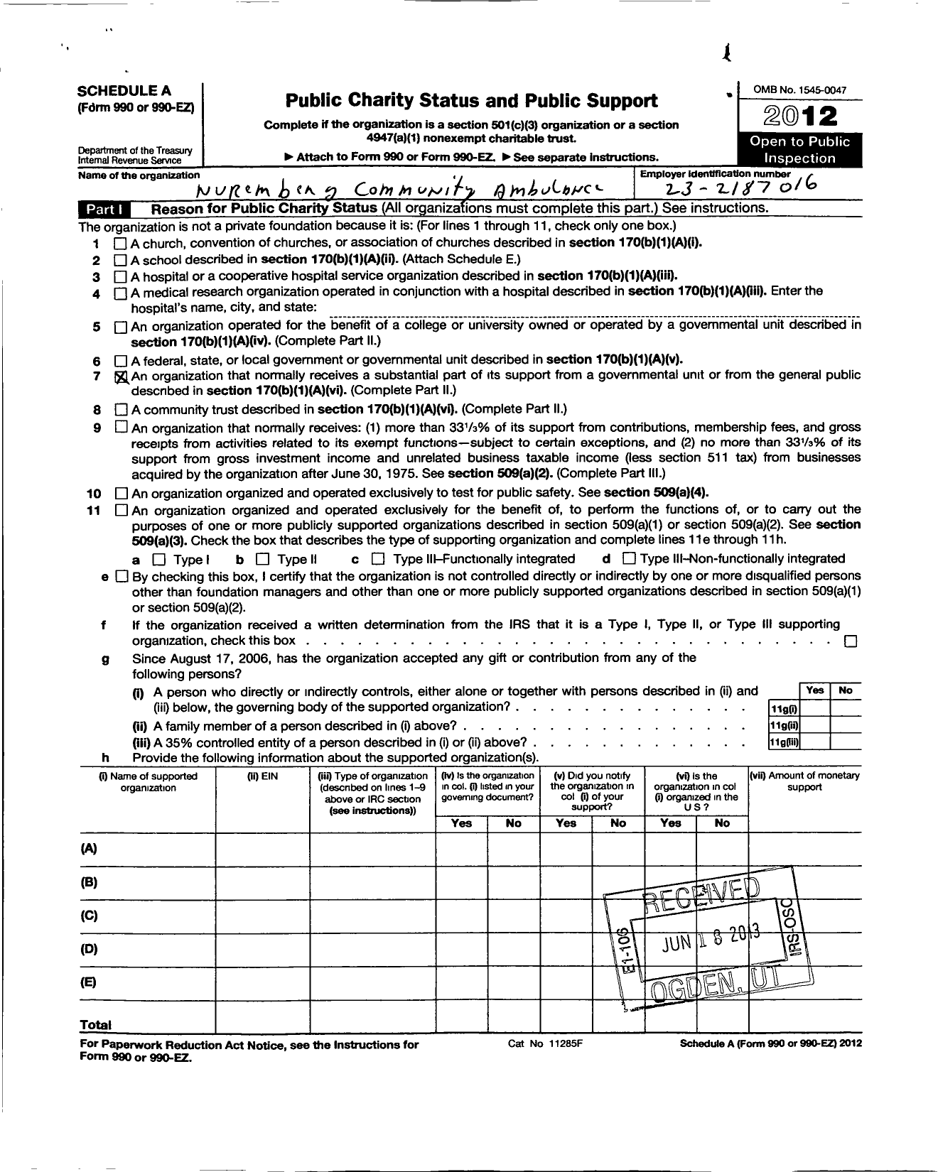 Image of first page of 2012 Form 990R for Nuremberg Community Ambulance