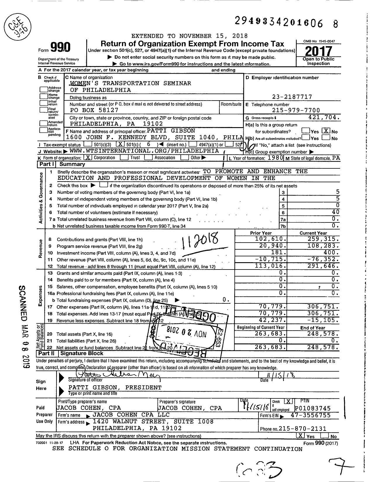 Image of first page of 2017 Form 990O for Women's Transportation Seminar of Philadelphia