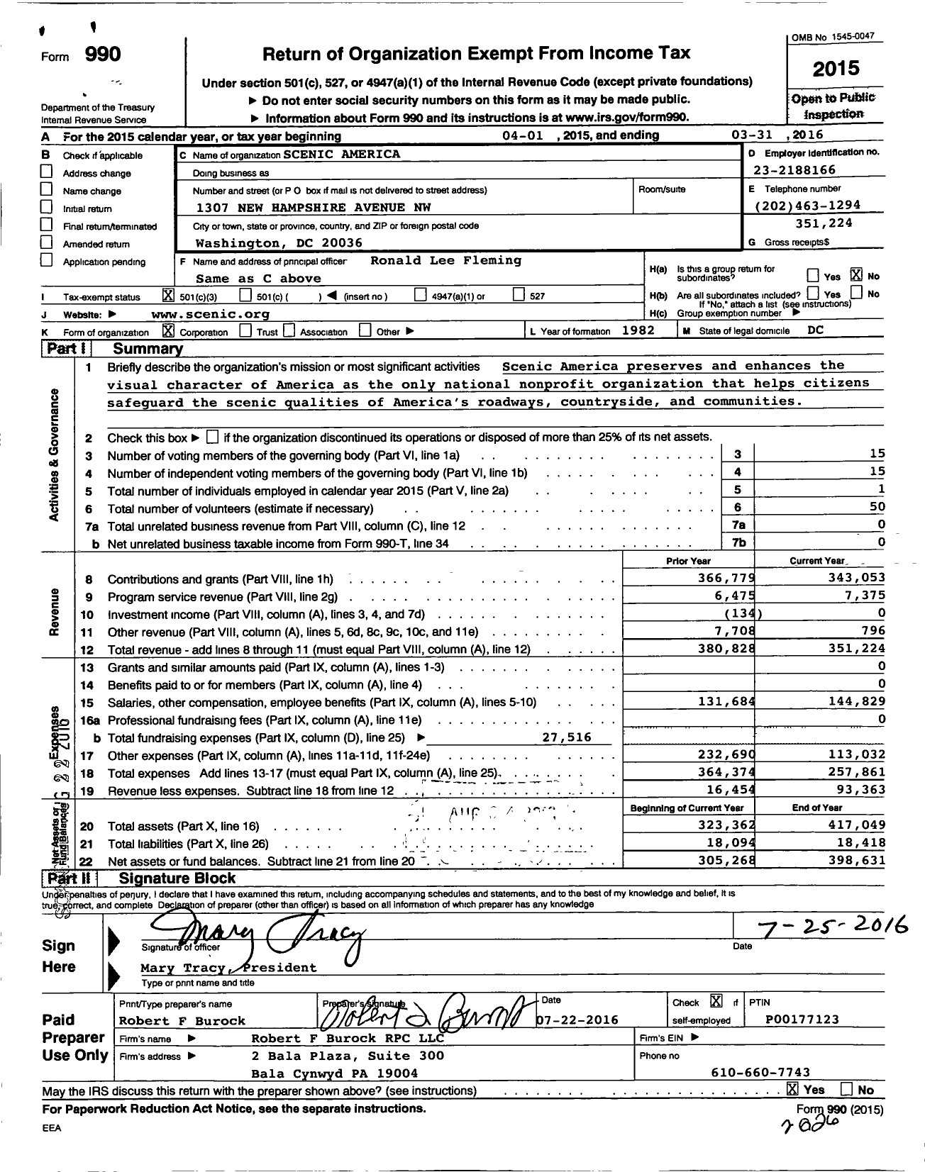 Image of first page of 2015 Form 990 for Scenic America