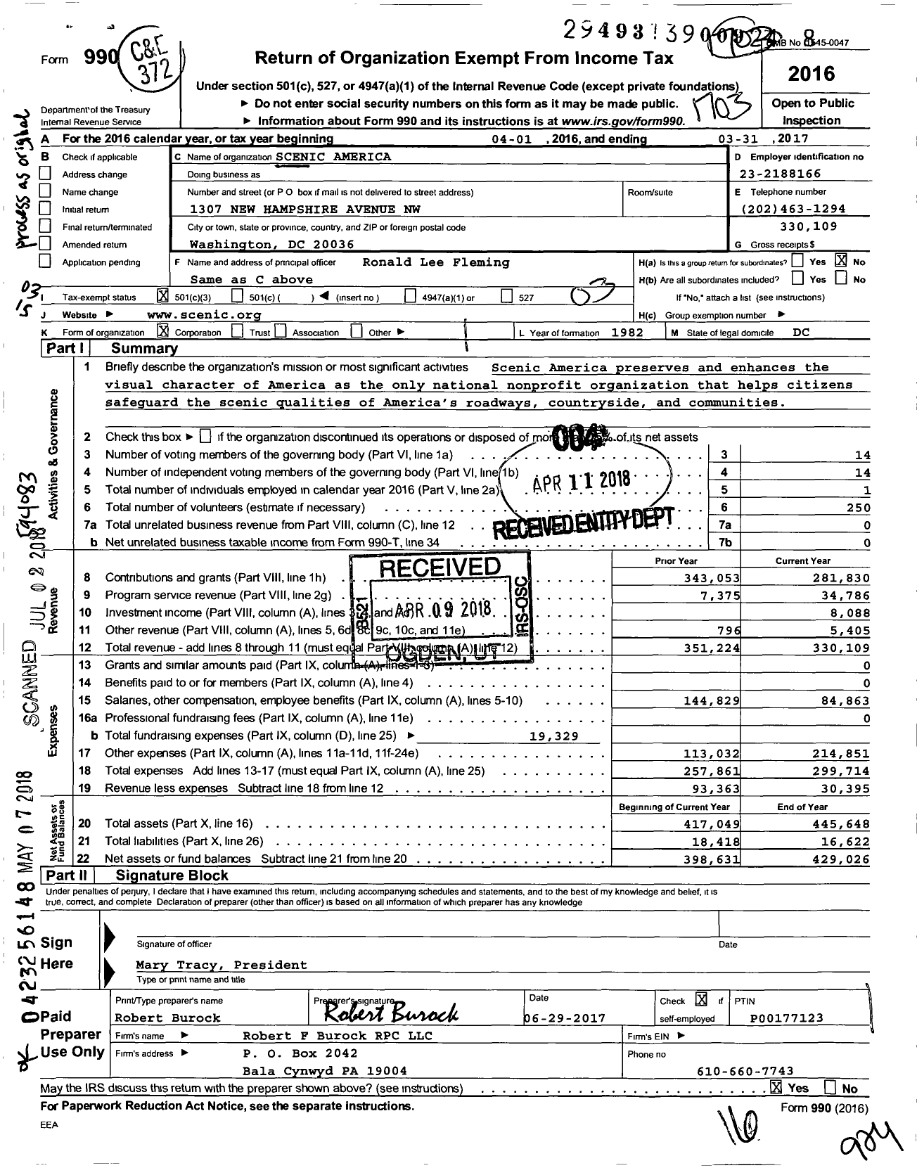 Image of first page of 2016 Form 990 for Scenic America