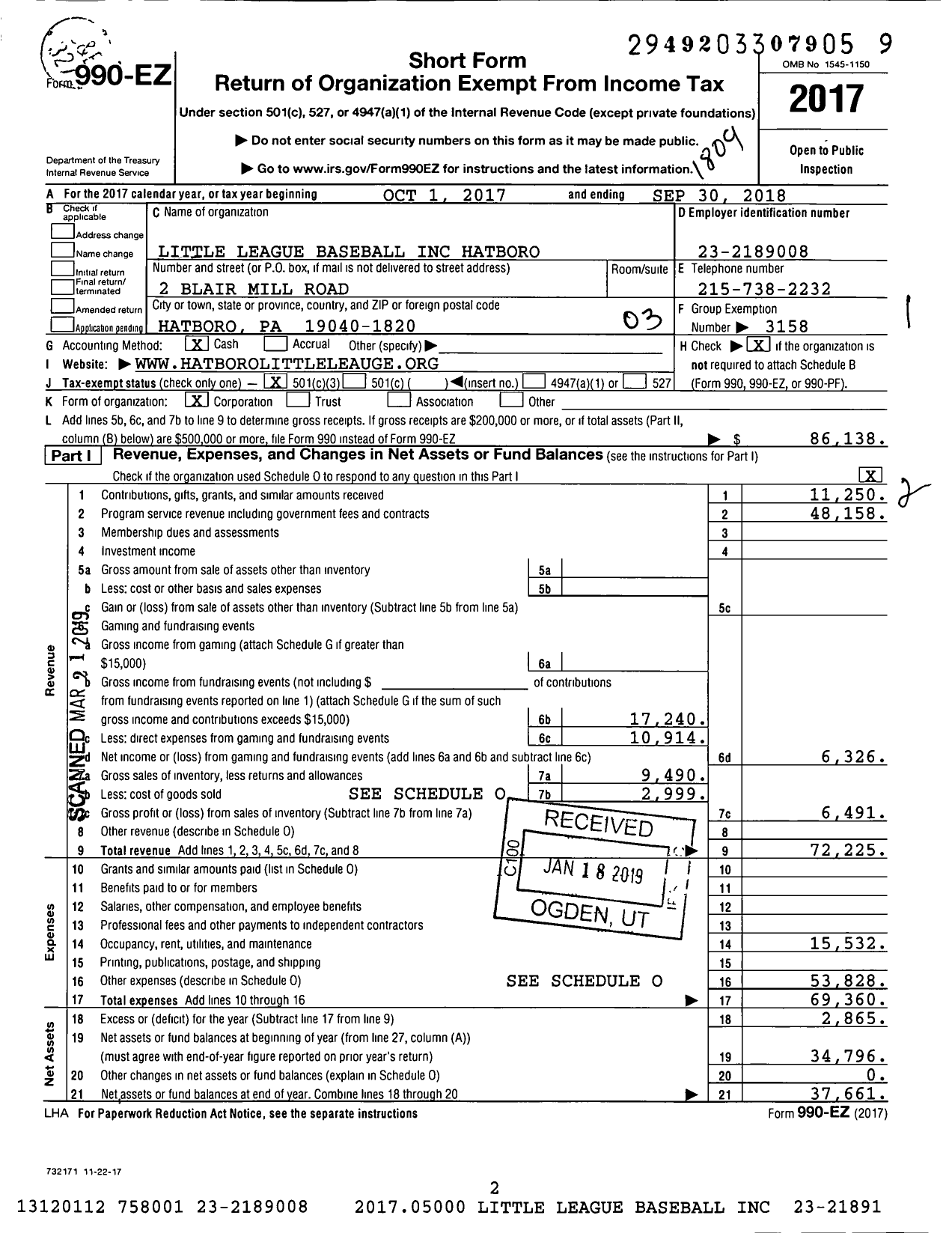 Image of first page of 2017 Form 990EZ for Little League Baseball Hatboro