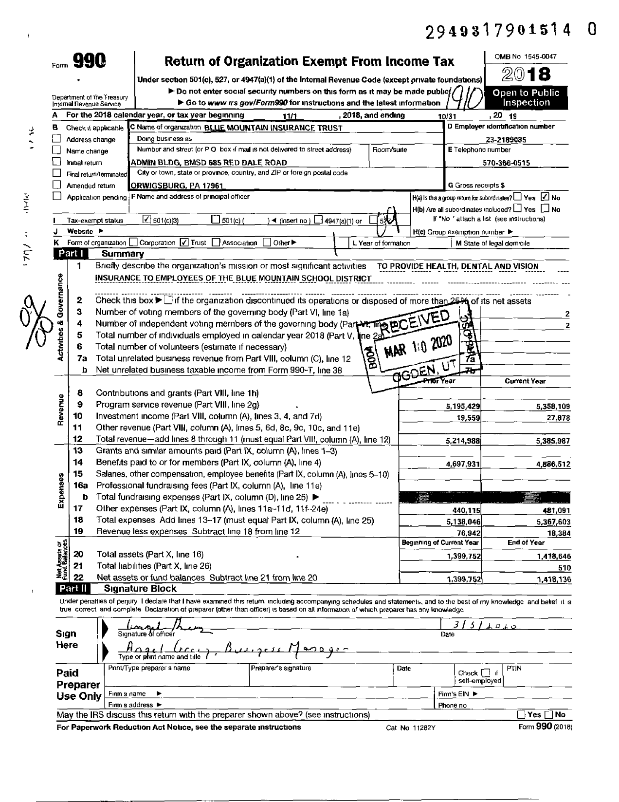 Image of first page of 2018 Form 990O for Blue Mountain Insurance Trust Employee Benefit Plan