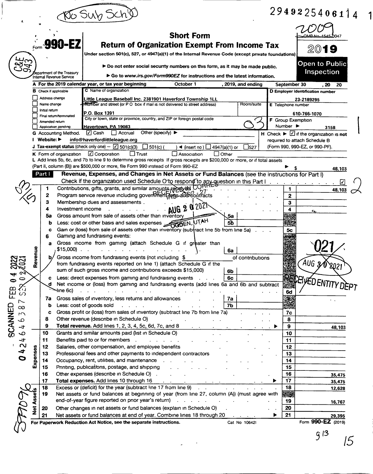 Image of first page of 2019 Form 990EZ for Little League Baseball - 2381901 Haverford Township 1 LL