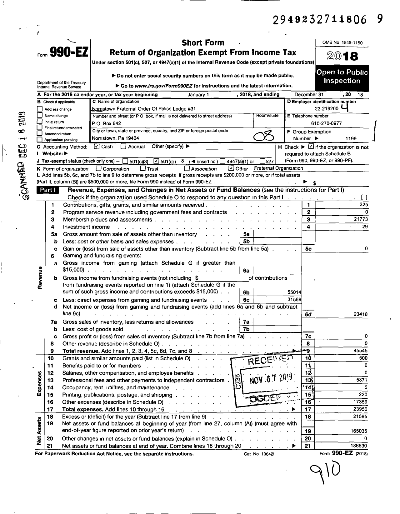 Image of first page of 2018 Form 990EO for FRATERNAL OrdER OF POLICE - 31 NORRISTOWN LODGE