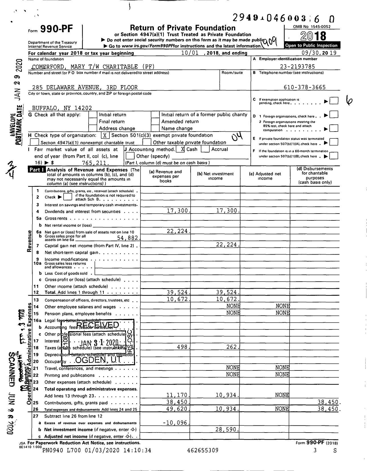 Image of first page of 2018 Form 990PR for Comerford Mary TW Charitable