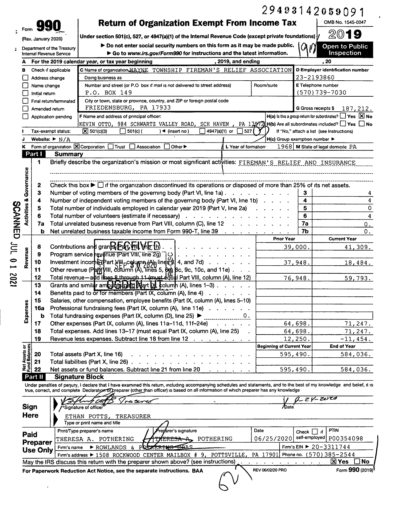 Image of first page of 2019 Form 990 for Wayne Township Fireman's Relief Association