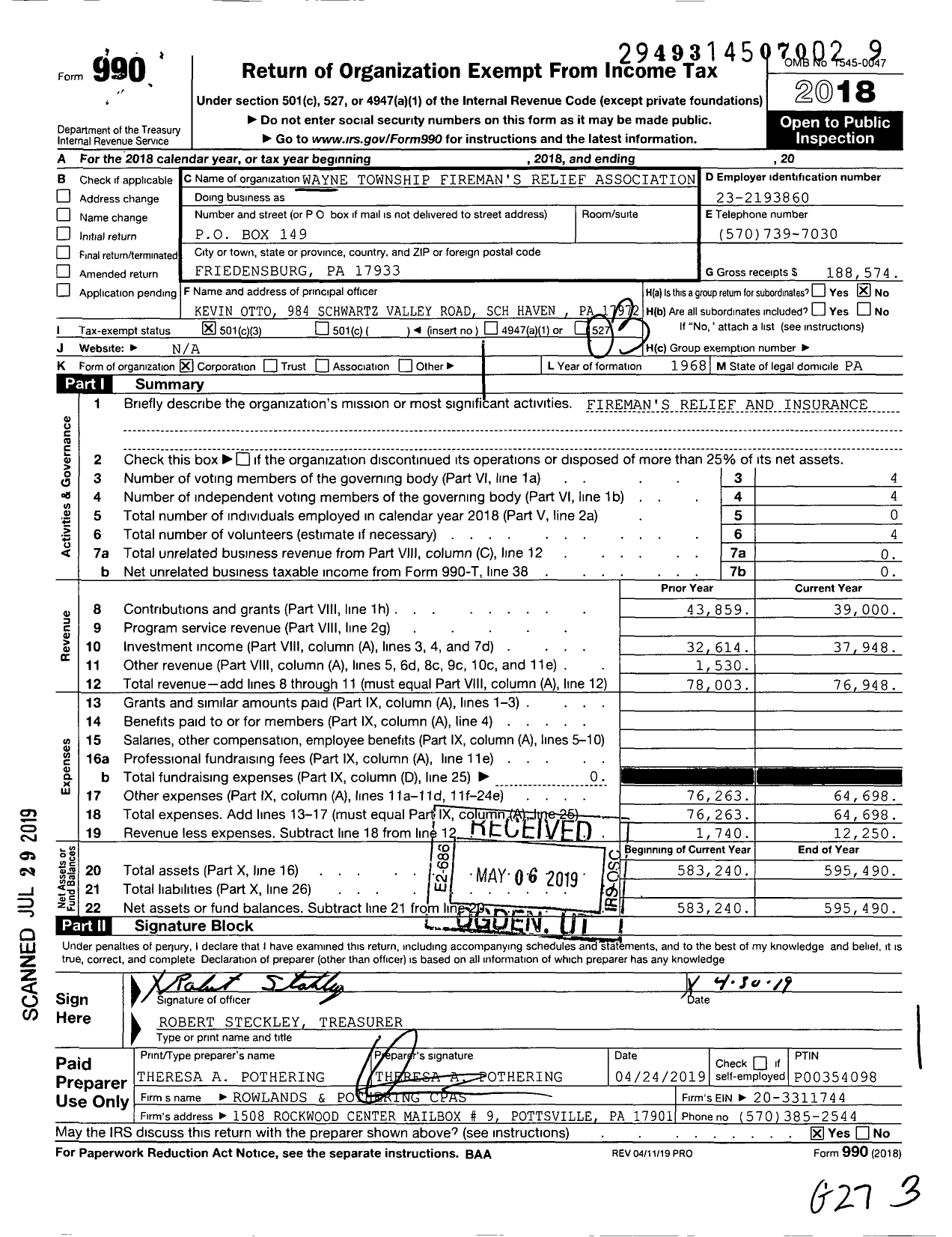 Image of first page of 2018 Form 990 for Wayne Township Fireman's Relief Association
