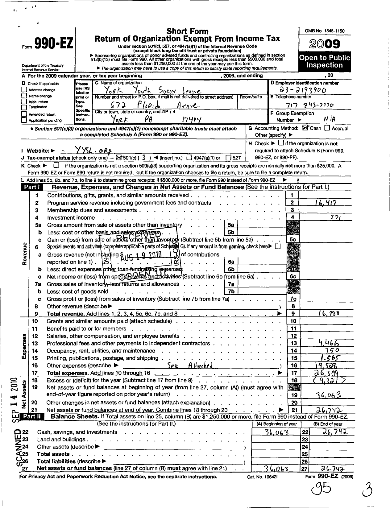 Image of first page of 2009 Form 990EZ for York Youth Soccer League