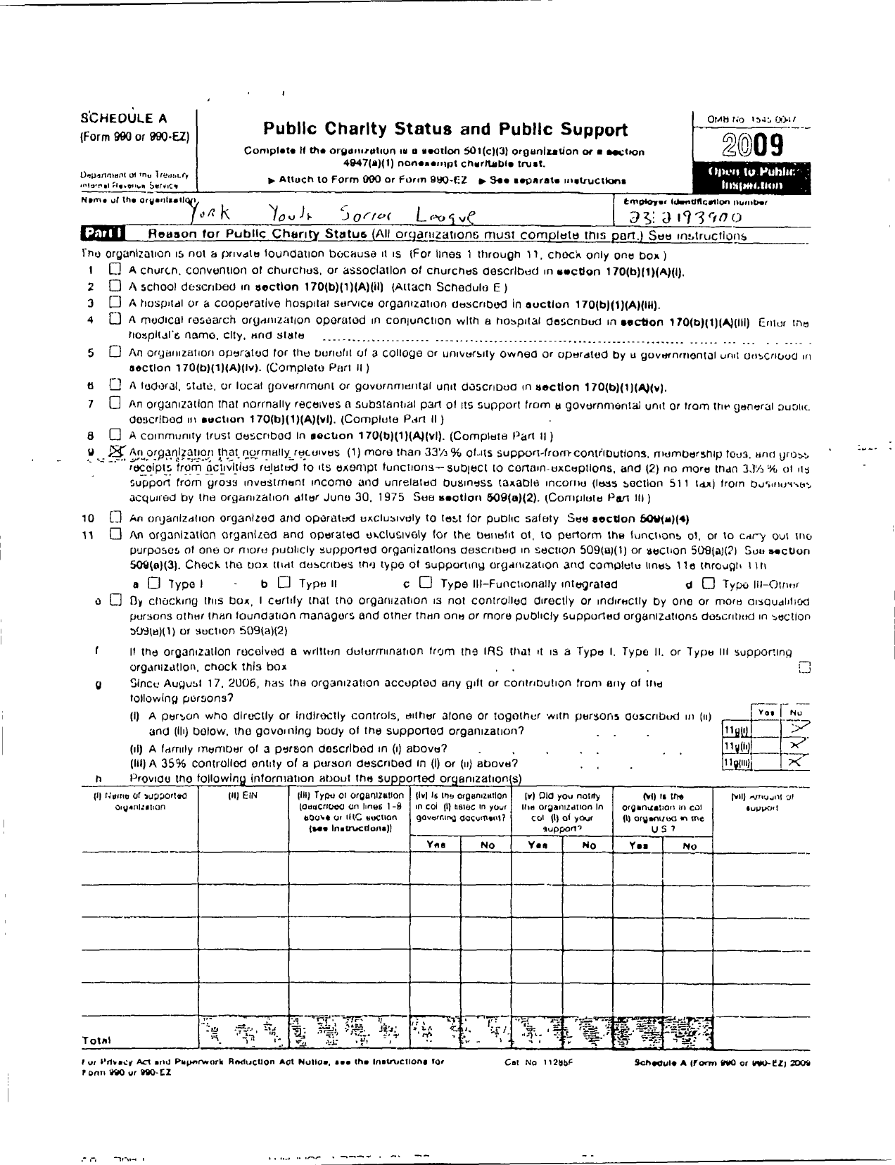 Image of first page of 2009 Form 990ER for York Youth Soccer League