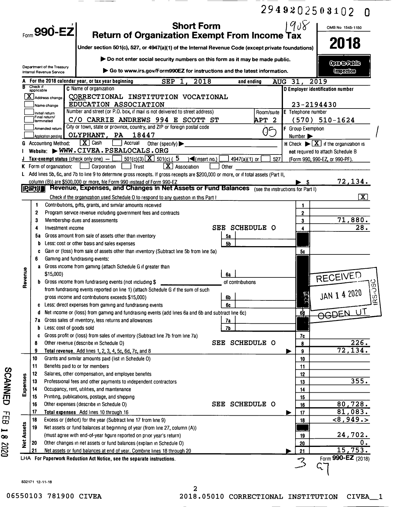 Image of first page of 2018 Form 990EO for Correctional Institution Vocational Education Association