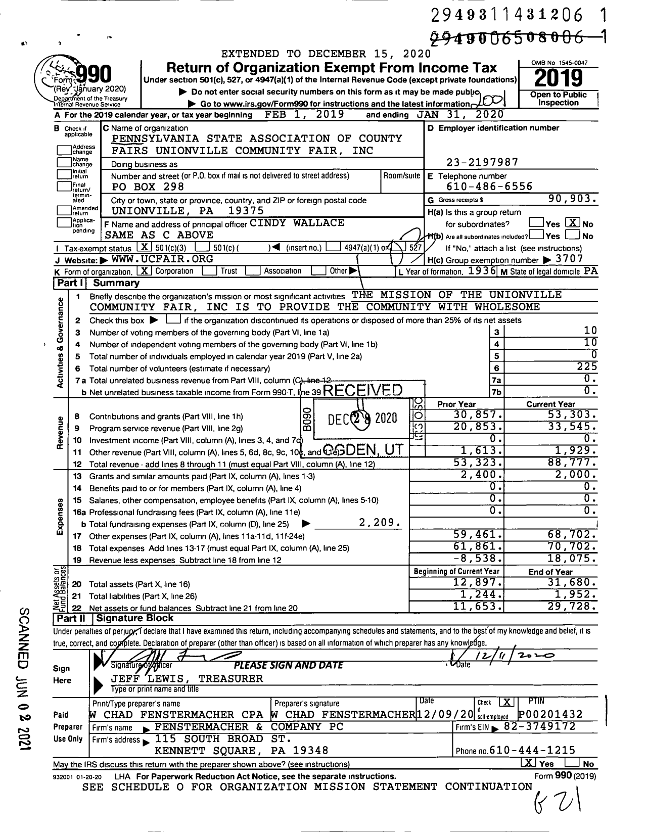 Image of first page of 2019 Form 990 for Pennsylvania State Association of County Fairs Unionville Community Fair