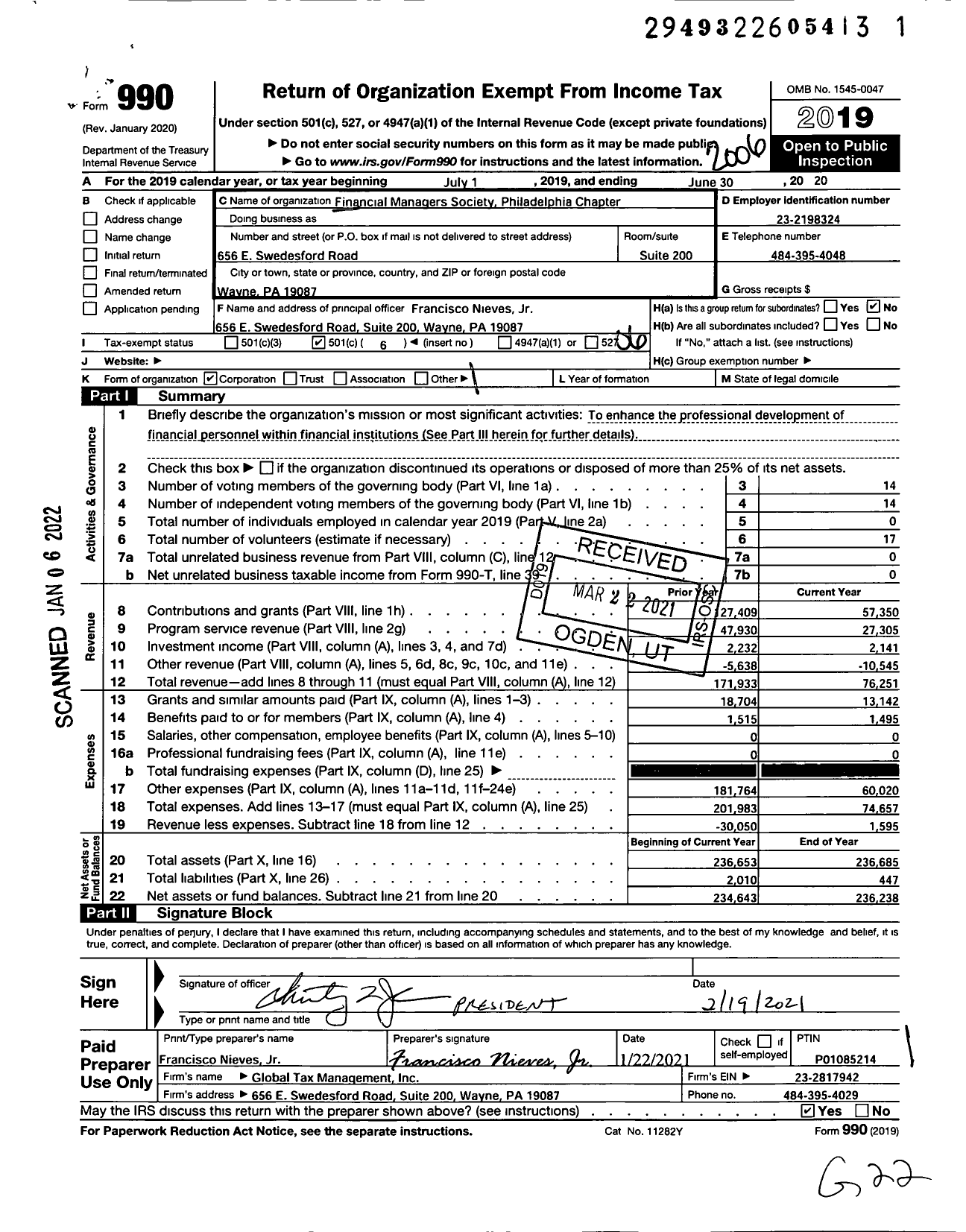 Image of first page of 2019 Form 990O for Financial Managers Society Philadelphia Chapter