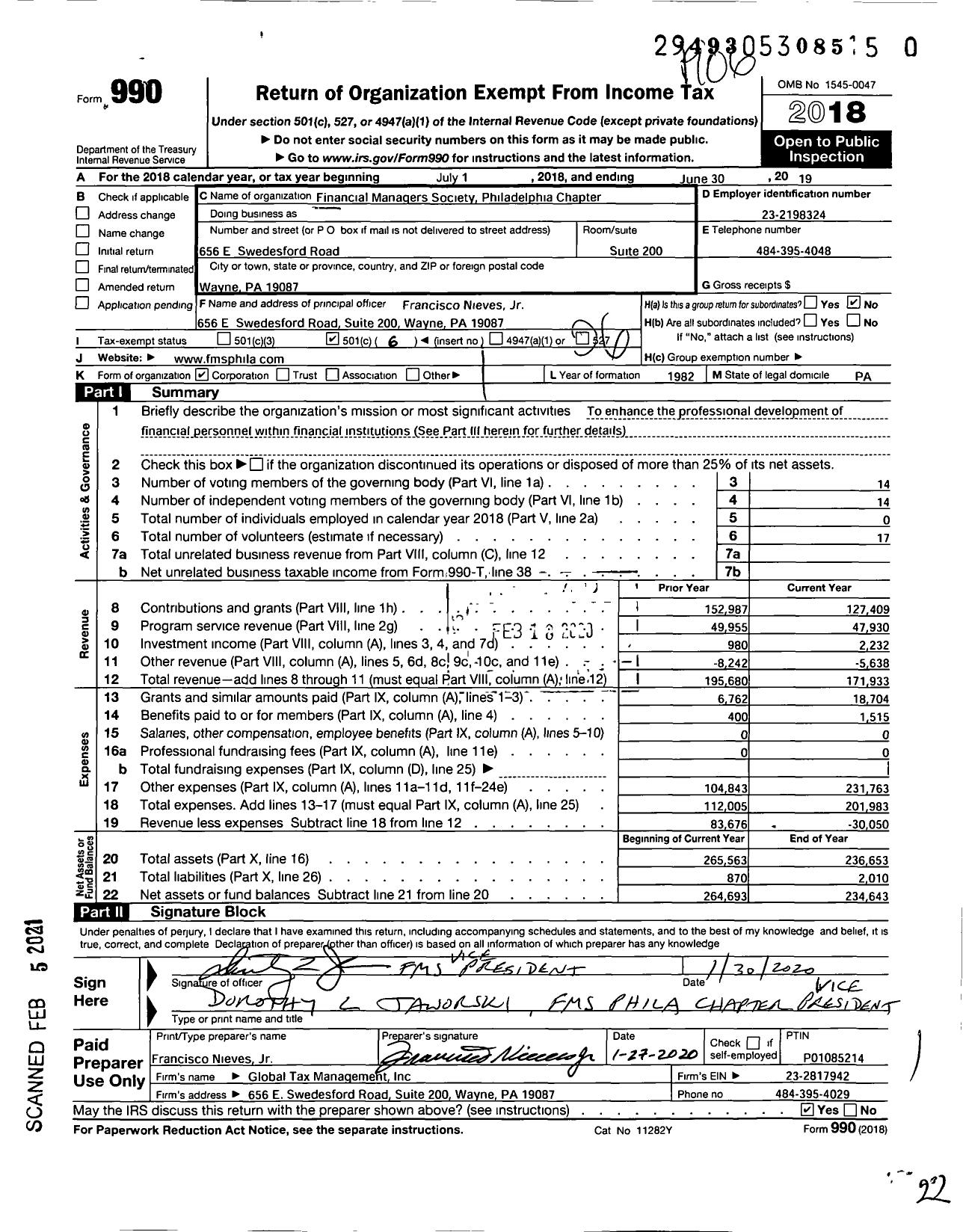 Image of first page of 2018 Form 990O for Financial Managers Society Philadelphia Chapter