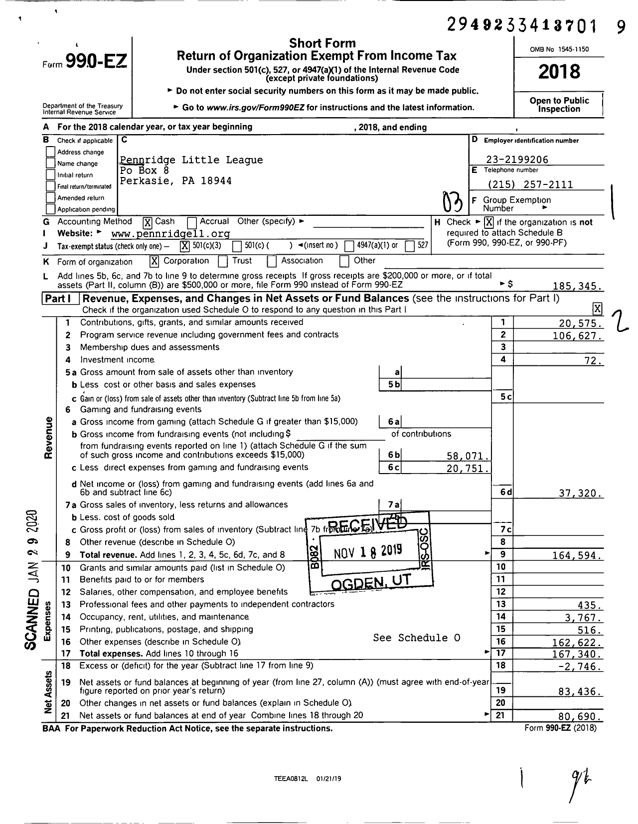 Image of first page of 2018 Form 990EZ for Little League Baseball - 2382019 Pennridge LL