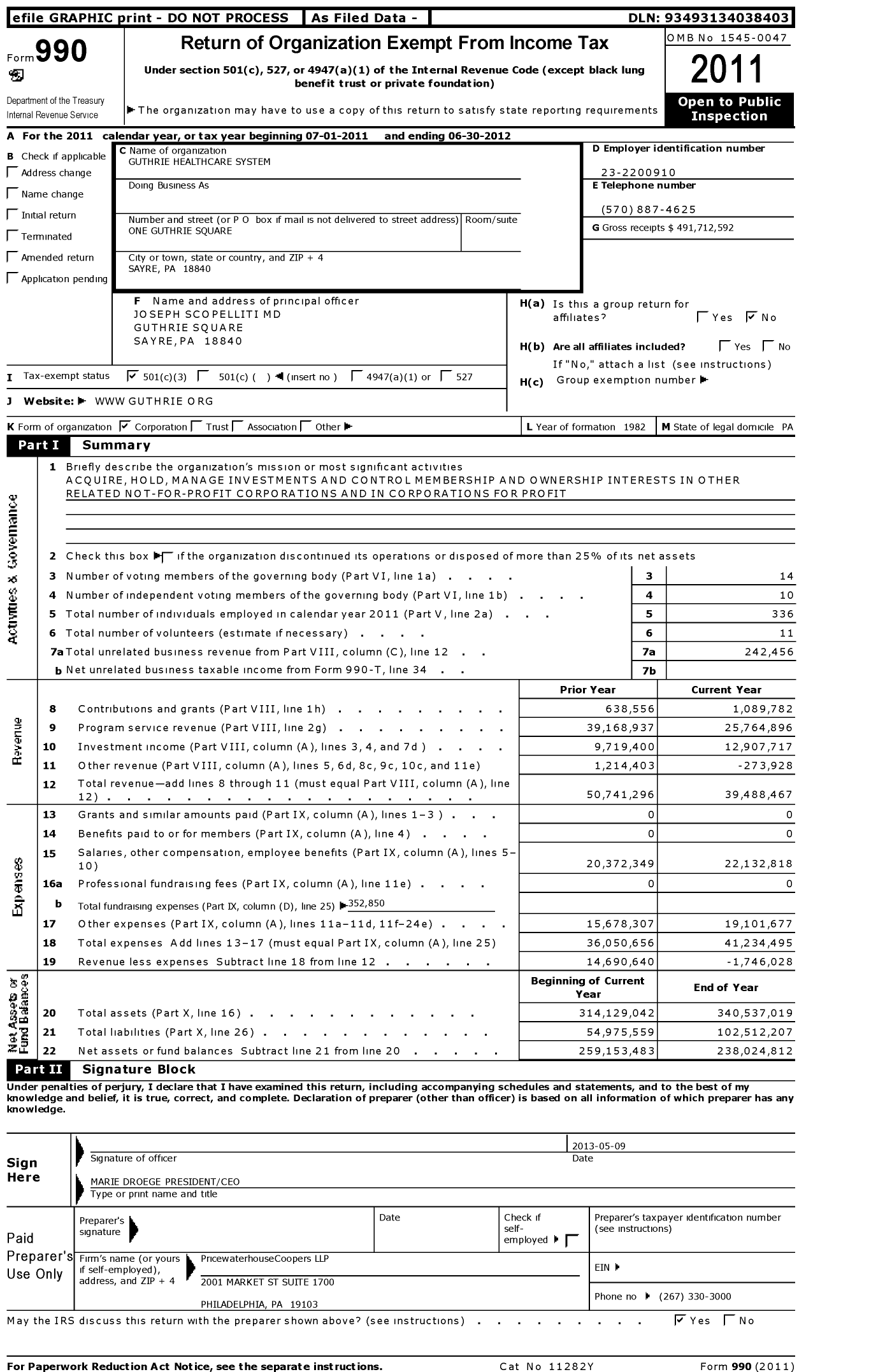 Image of first page of 2011 Form 990 for Guthrie Healthcare System