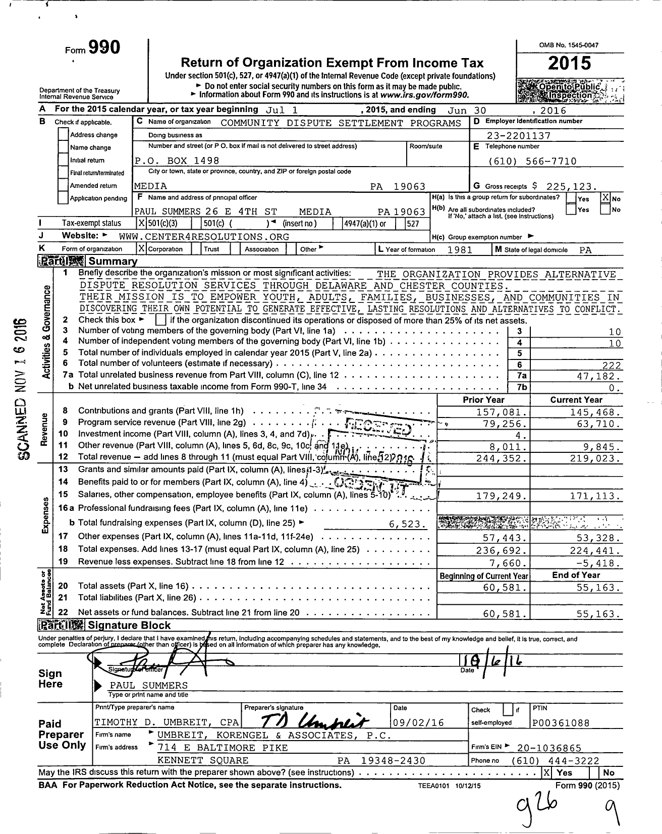 Image of first page of 2015 Form 990 for Community Dispute Settlement Programs of Delaware County