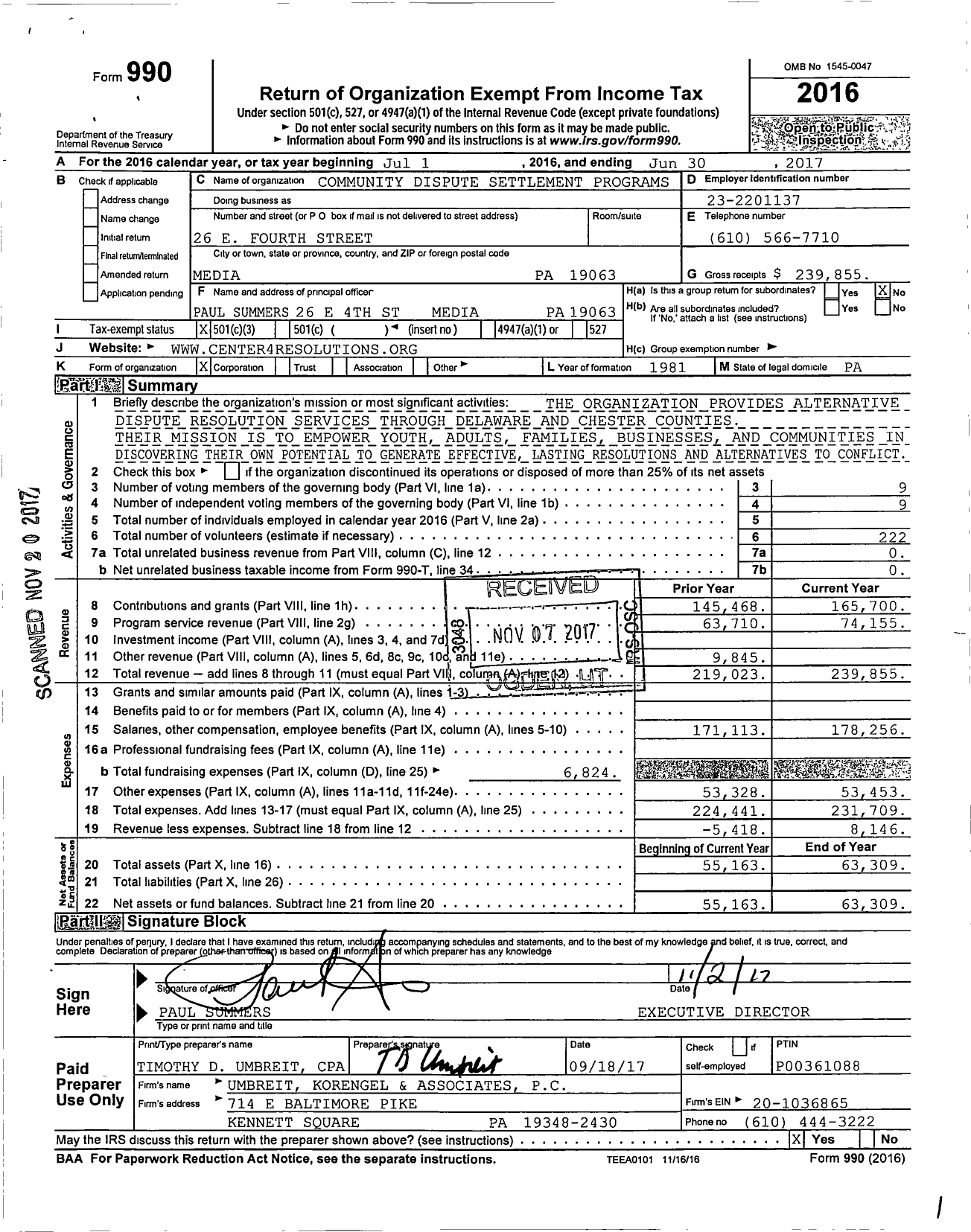 Image of first page of 2016 Form 990 for Community Dispute Settlement Programs of Delaware County