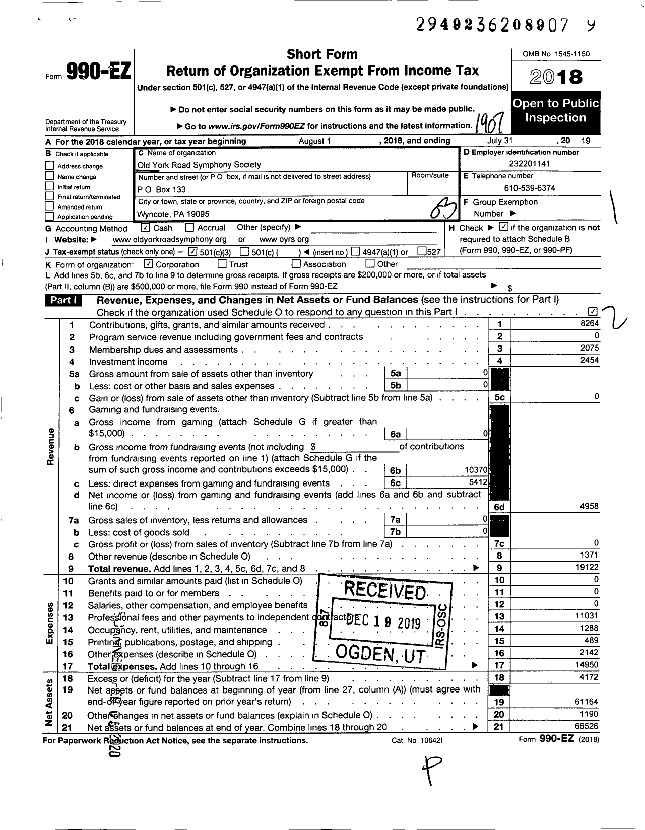 Image of first page of 2018 Form 990EZ for Old York Road Symphony Society