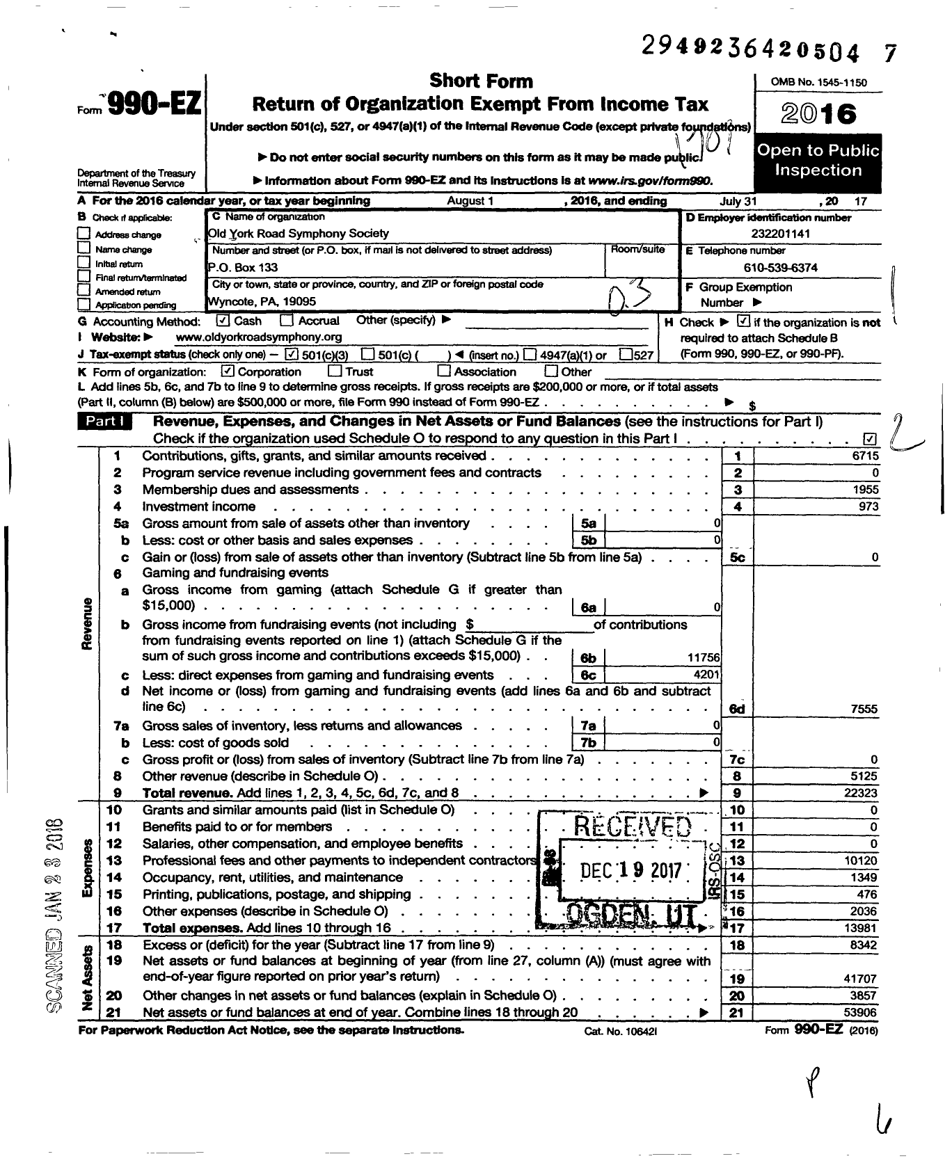 Image of first page of 2016 Form 990EZ for Old York Road Symphony Society