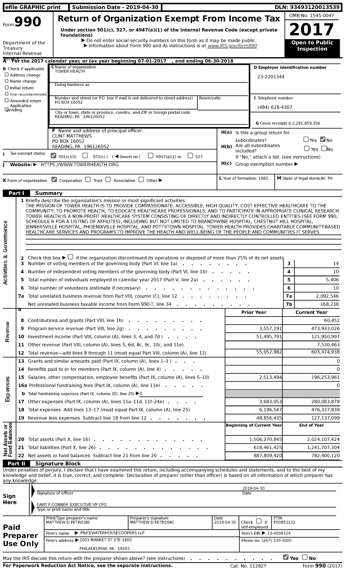 Image of first page of 2017 Form 990 for Tower Health
