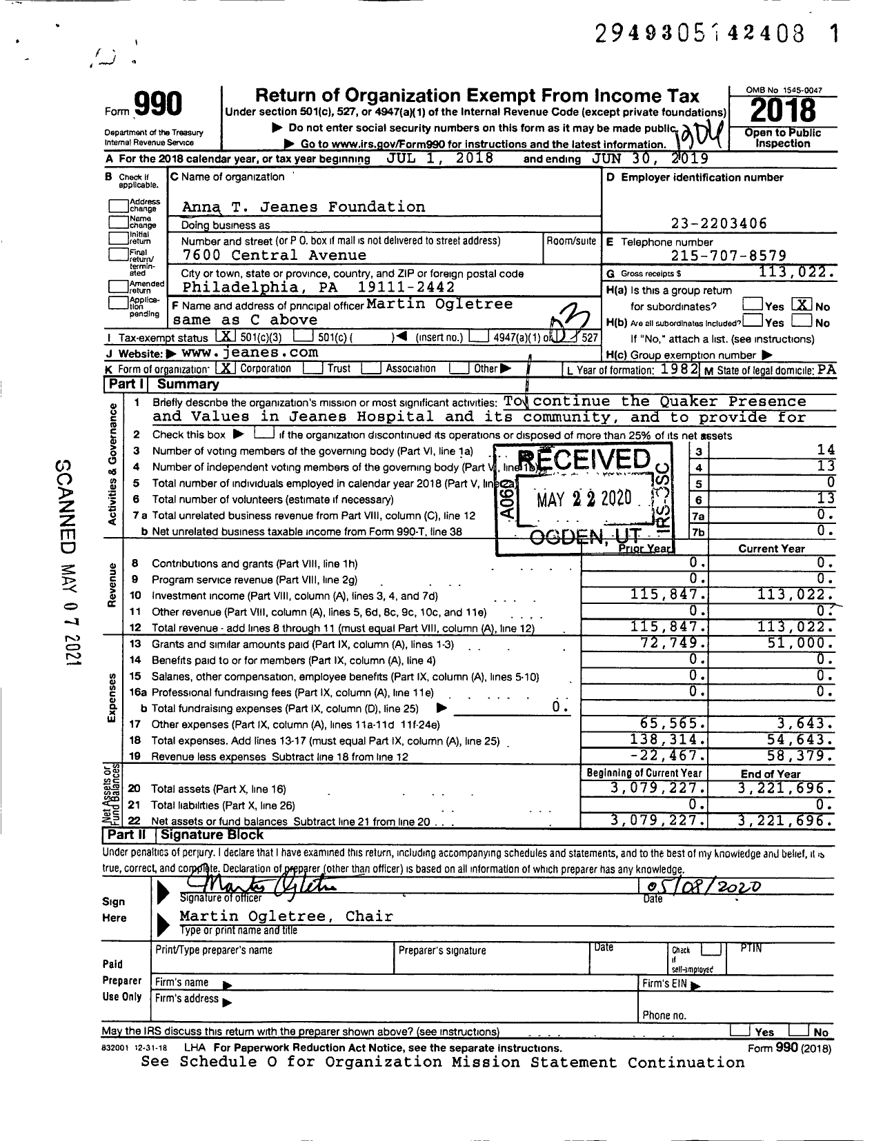 Image of first page of 2018 Form 990 for Anna T Jeanes Foundation