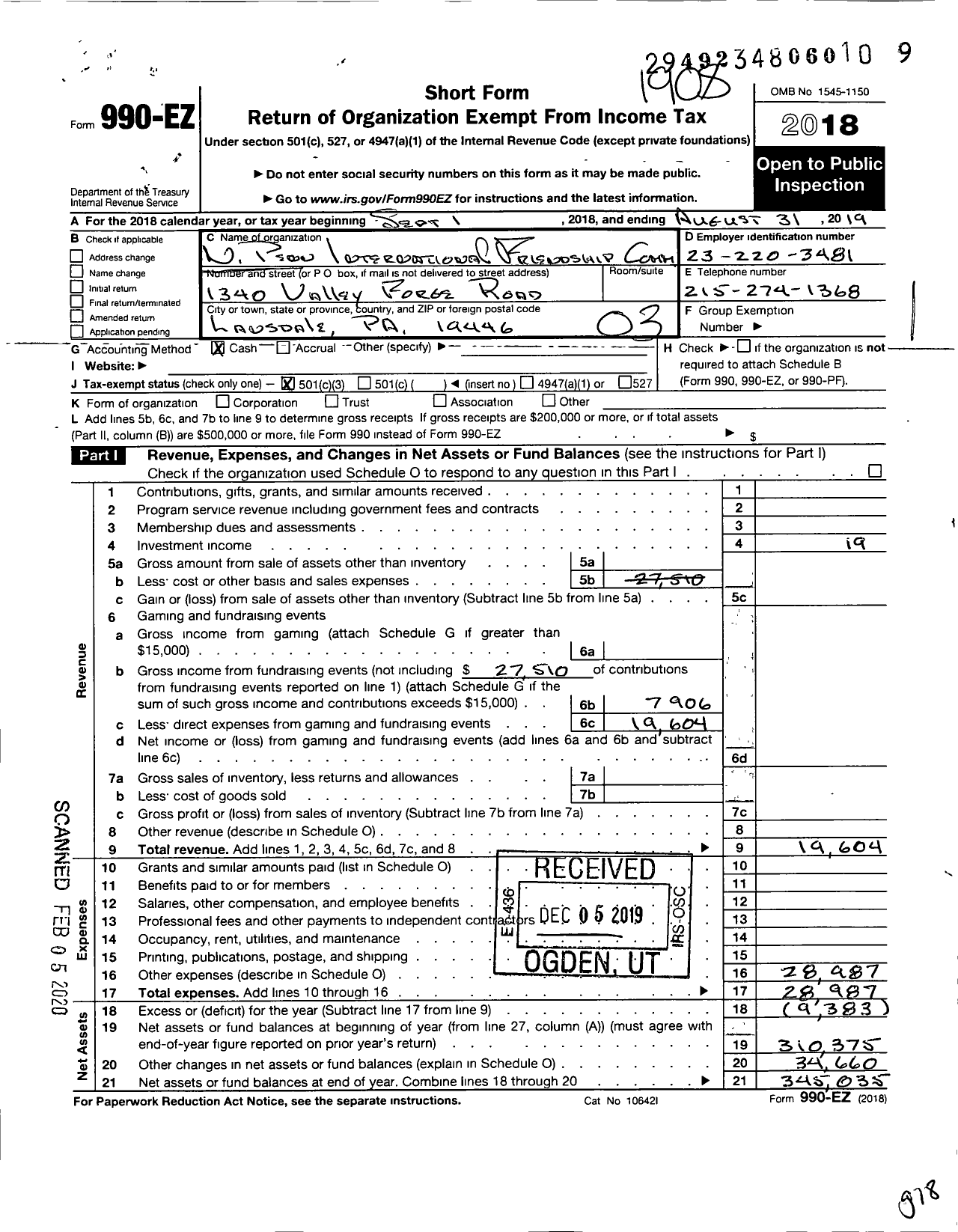 Image of first page of 2018 Form 990EZ for North Penn International Friendship Committee