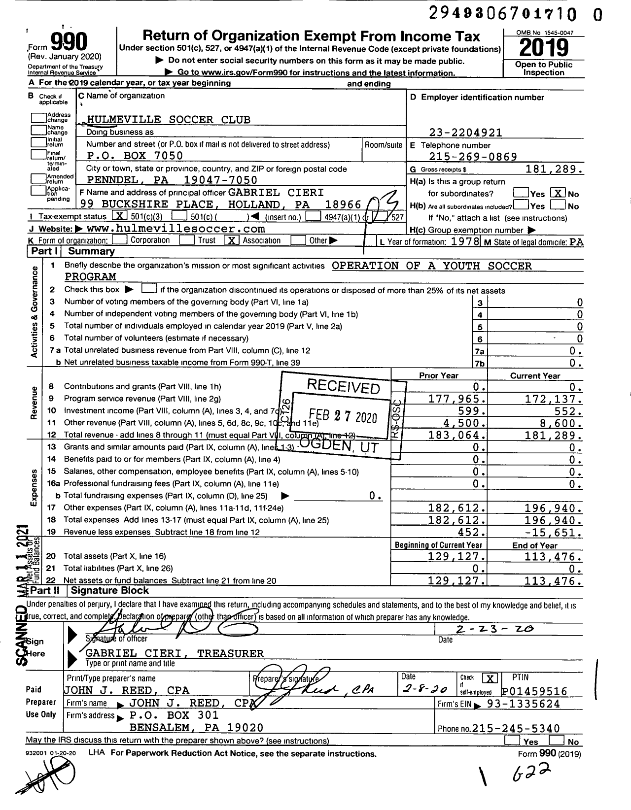 Image of first page of 2019 Form 990 for Hulmeville Soccer Club