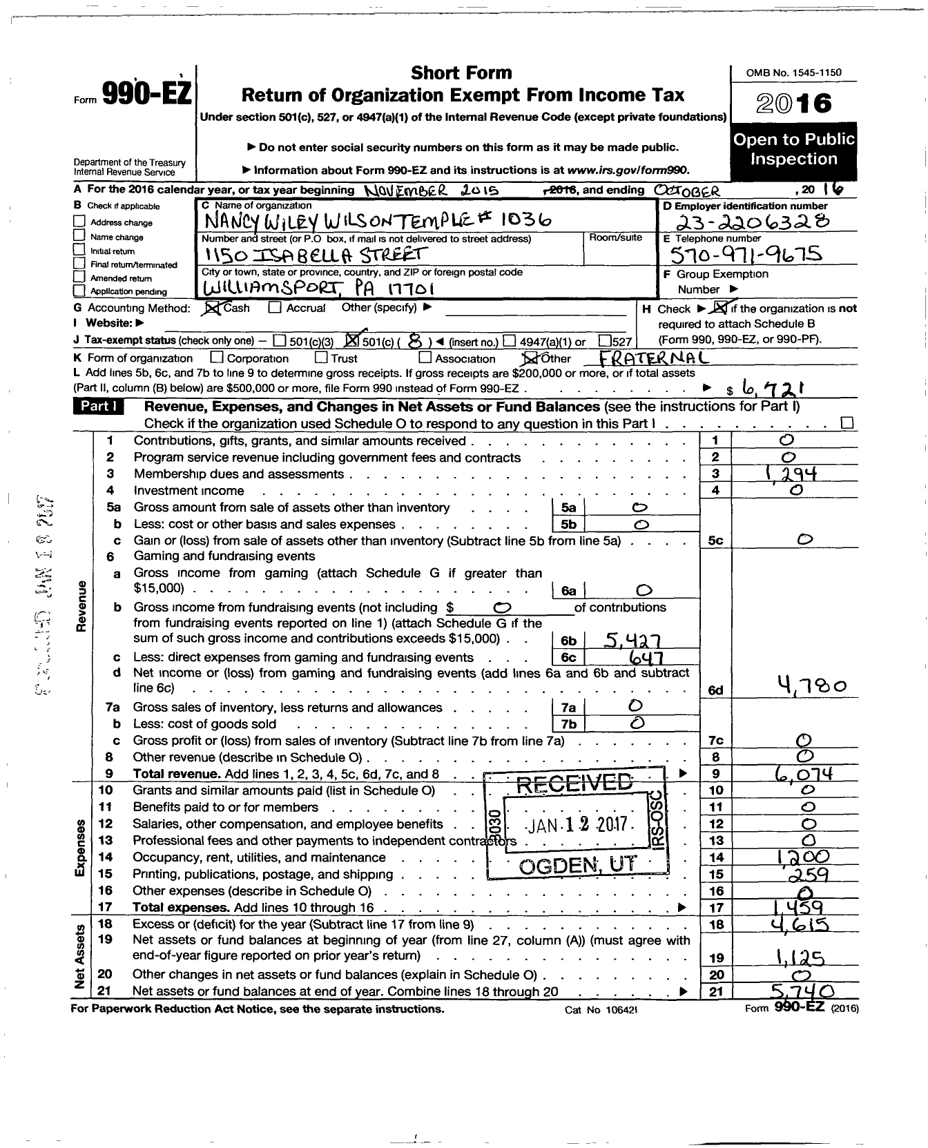 Image of first page of 2015 Form 990EO for Nancy Wiley Wilson Temple 1036