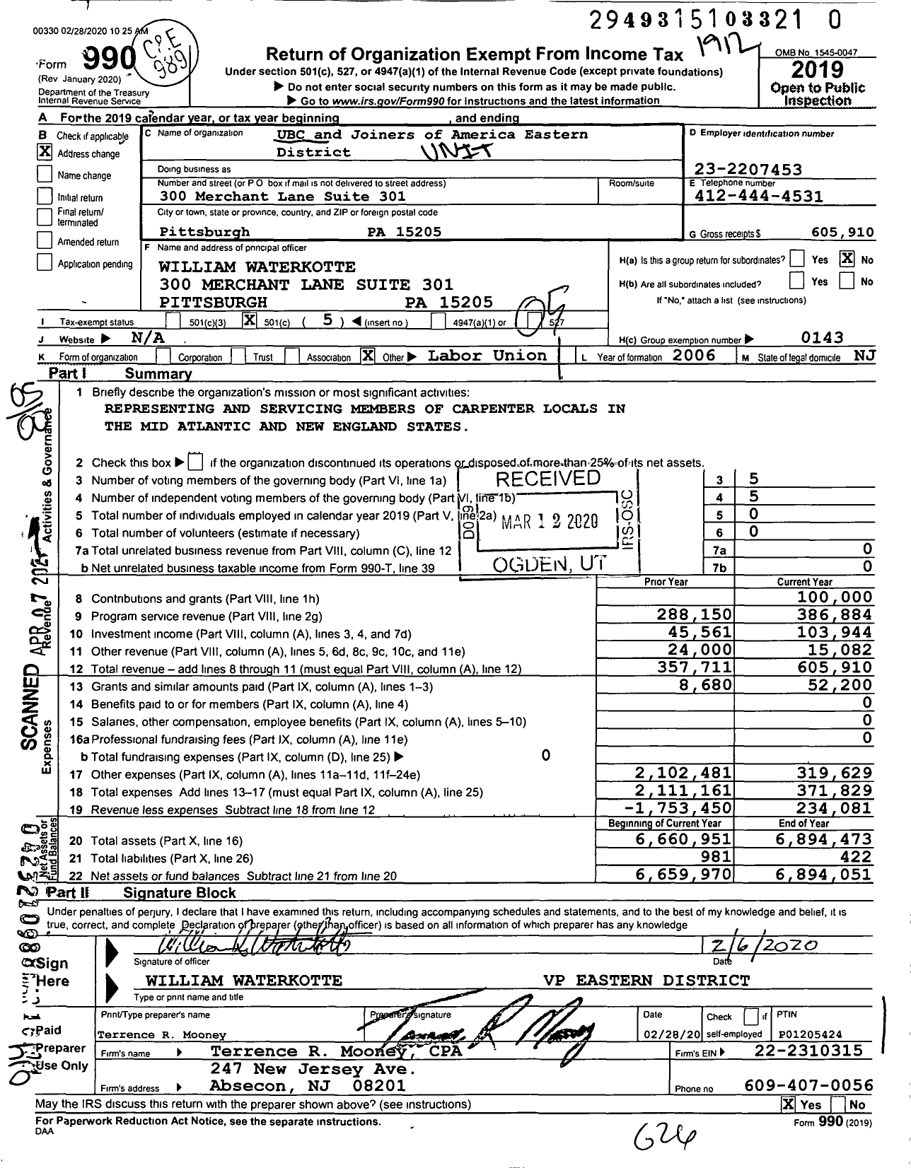 Image of first page of 2019 Form 990O for United Brotherhood of Carpenters & Joiners - AFL-CIO