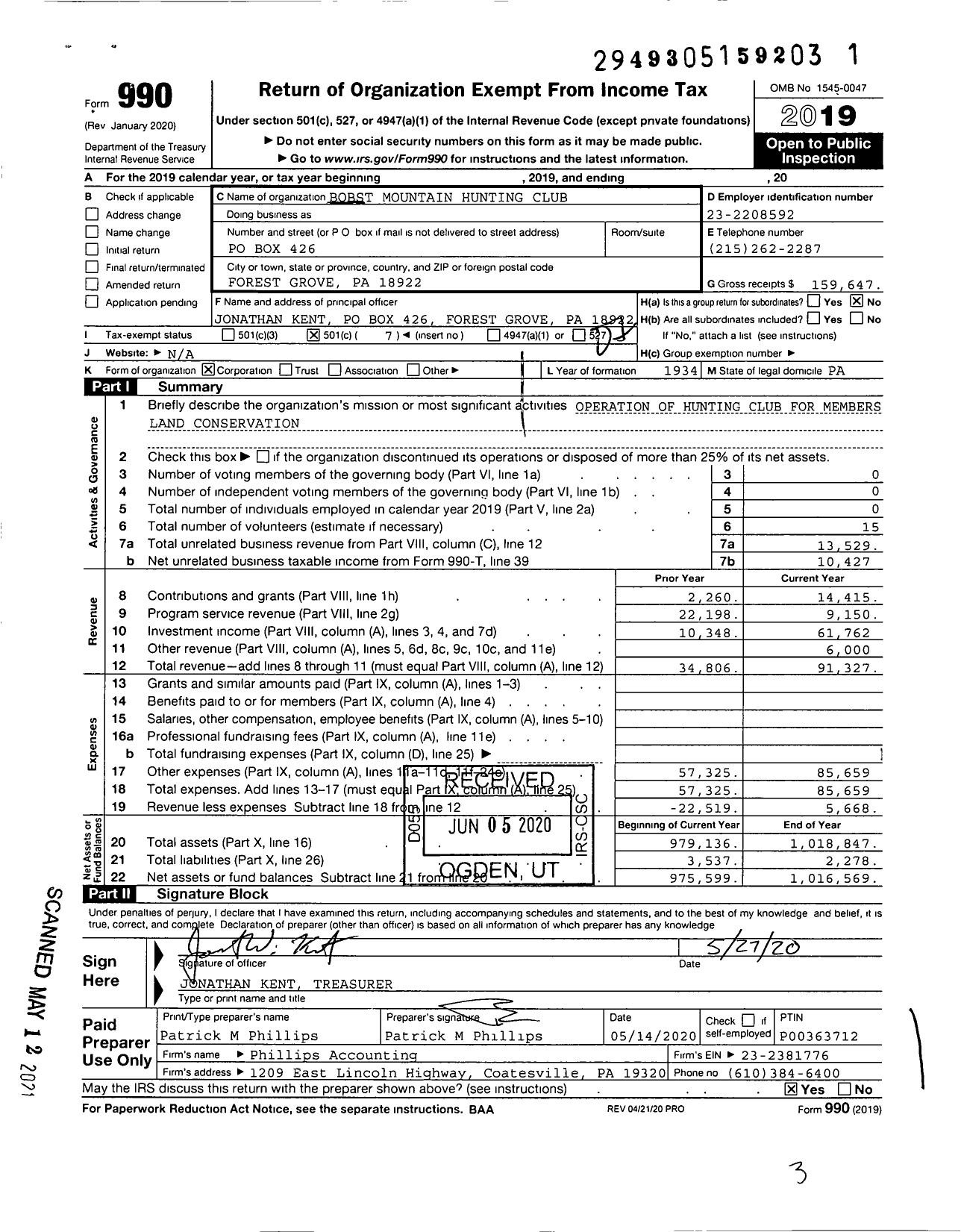 Image of first page of 2019 Form 990O for Bobst Mountain Hunting Club