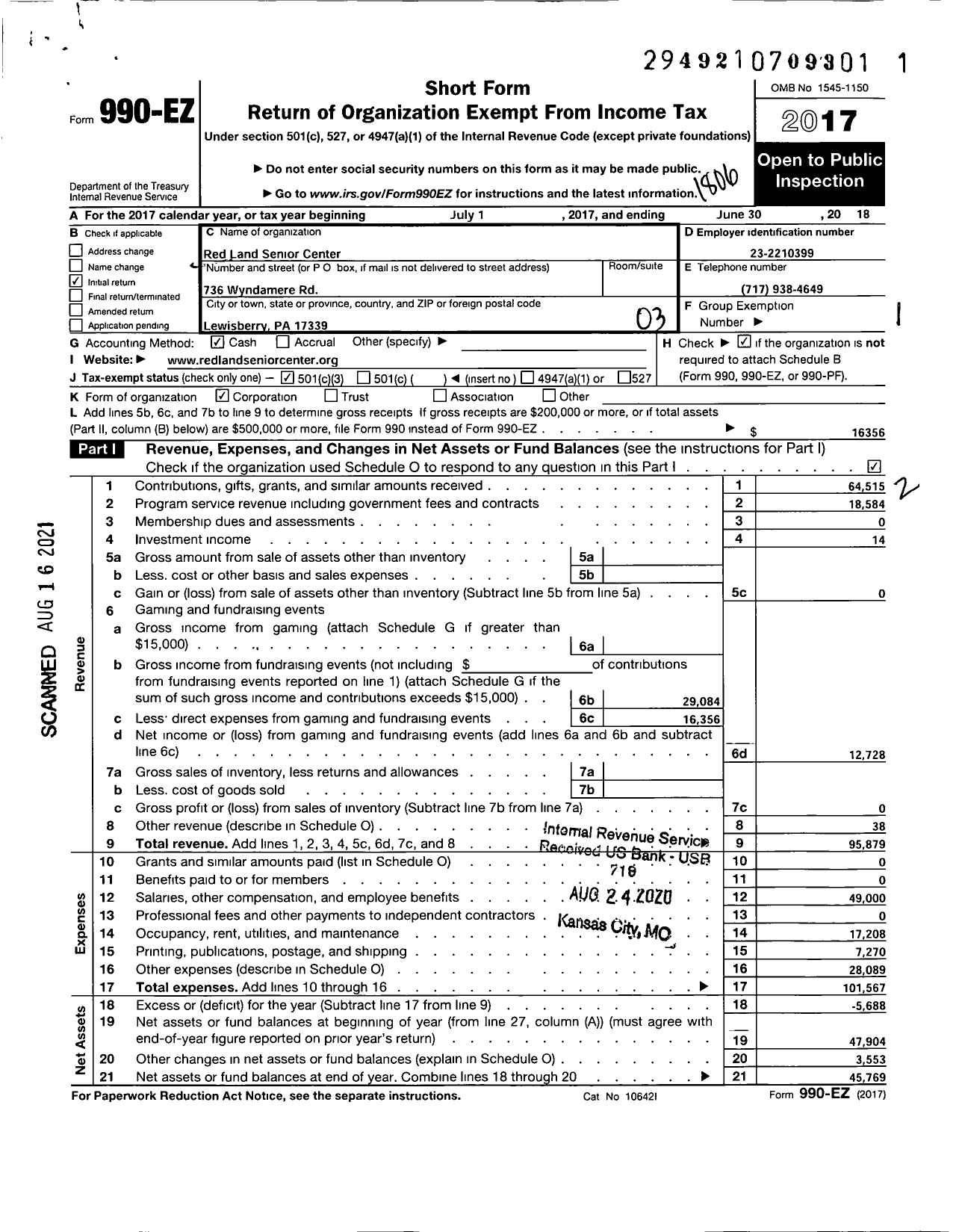 Image of first page of 2017 Form 990EZ for Red Land Senior Citizens Center