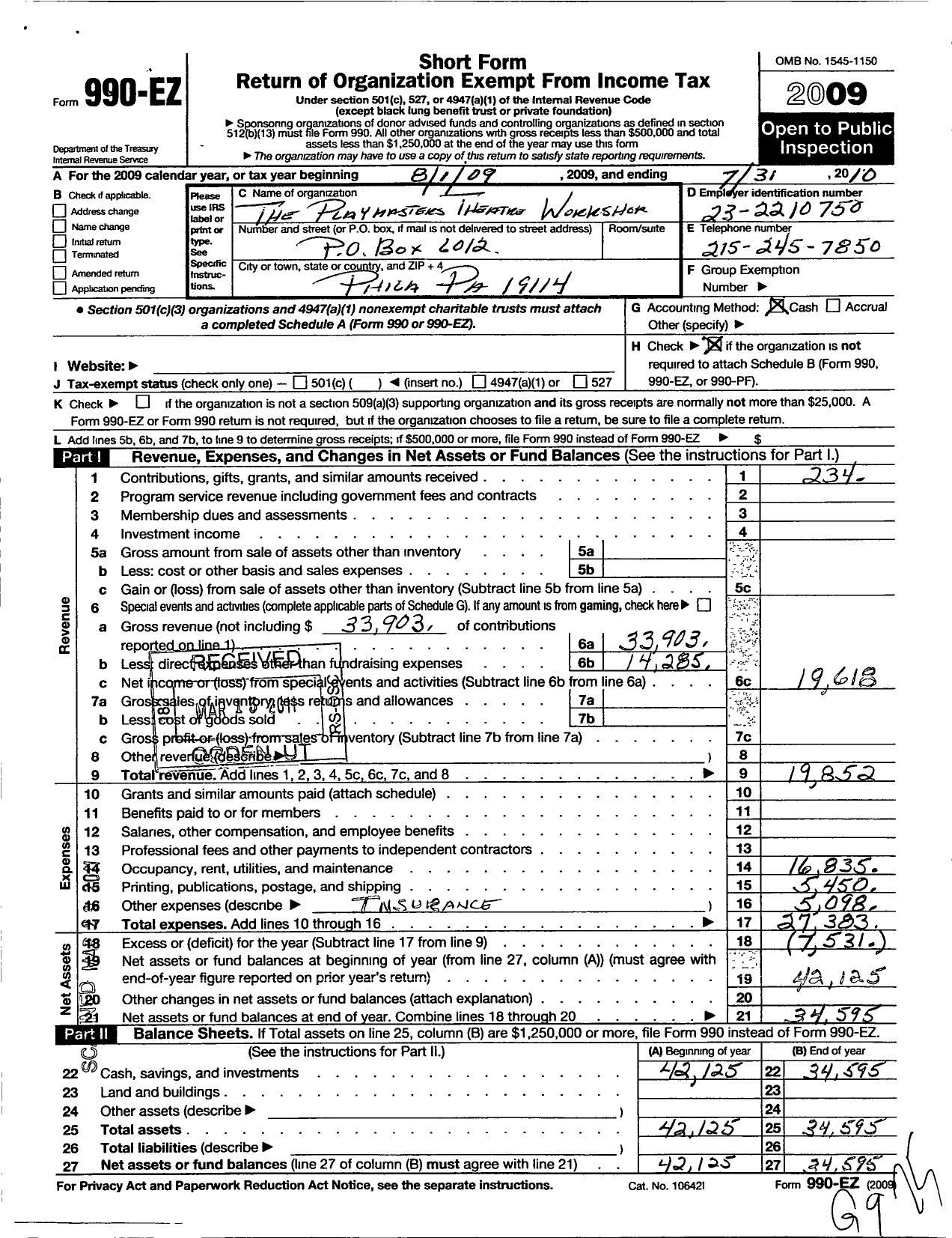 Image of first page of 2009 Form 990EO for The Playmasters Theater Workshop