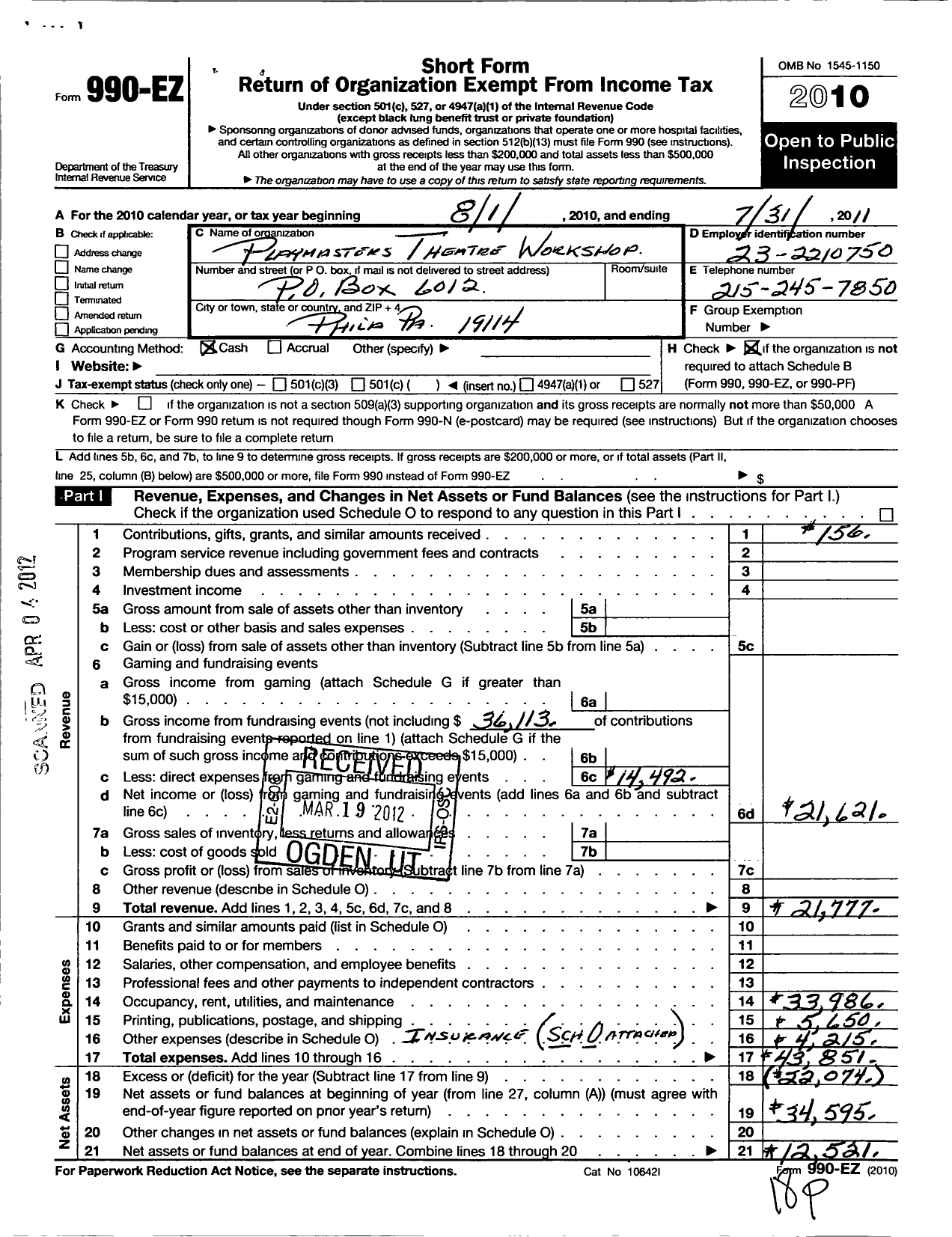 Image of first page of 2010 Form 990EO for The Playmasters Theater Workshop