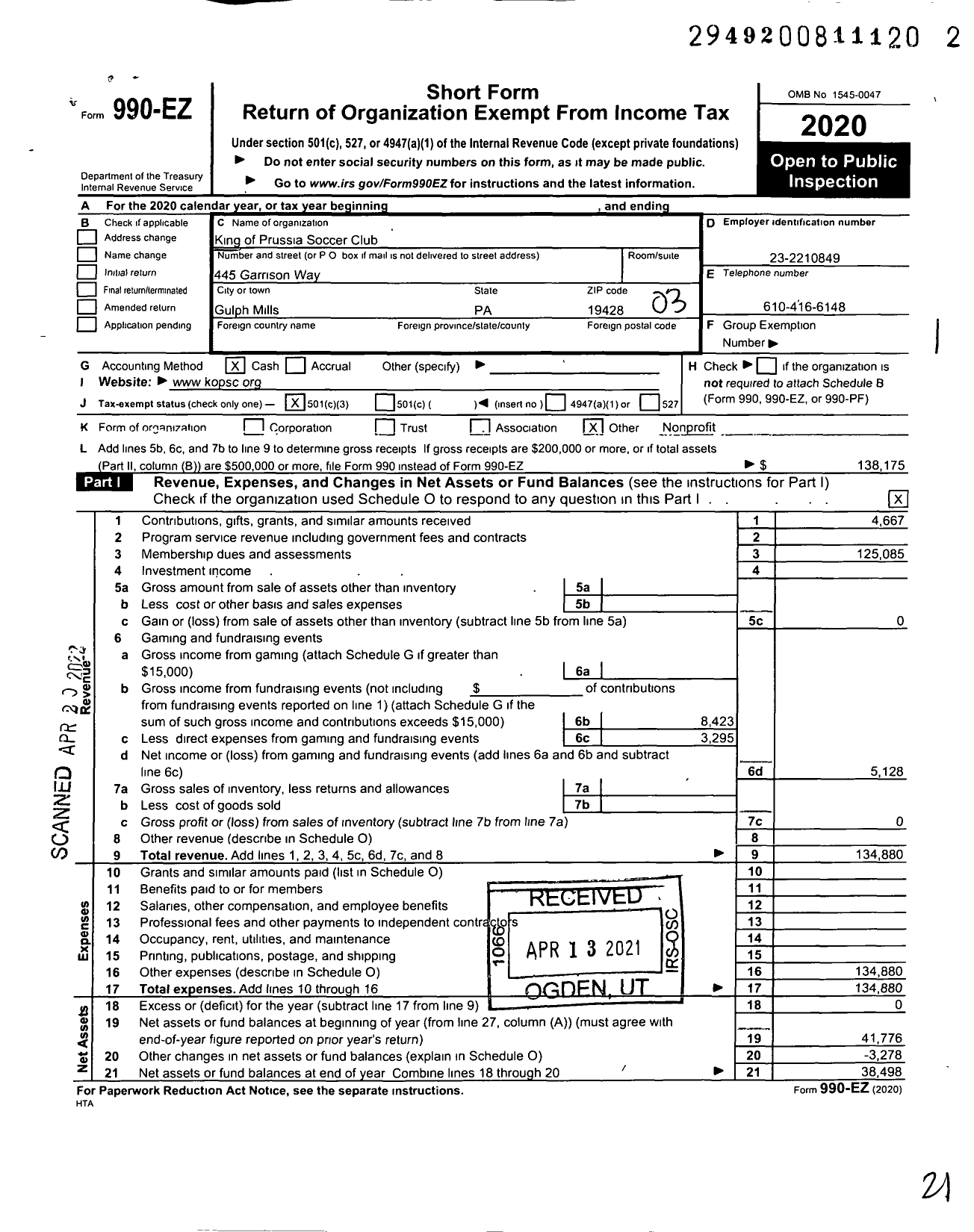 Image of first page of 2020 Form 990EZ for King of Prussia Soccer Club